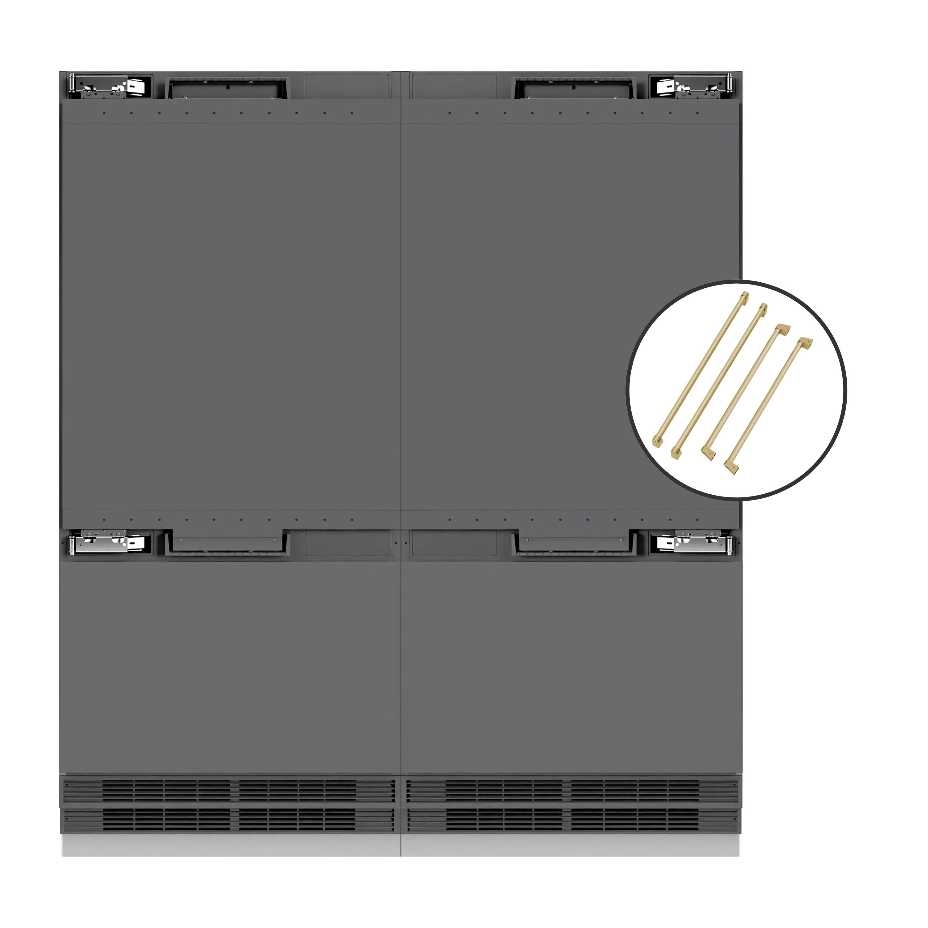 Panel-ready built-in refrigerator front view, bottom vents and champagne bronze handle accents
