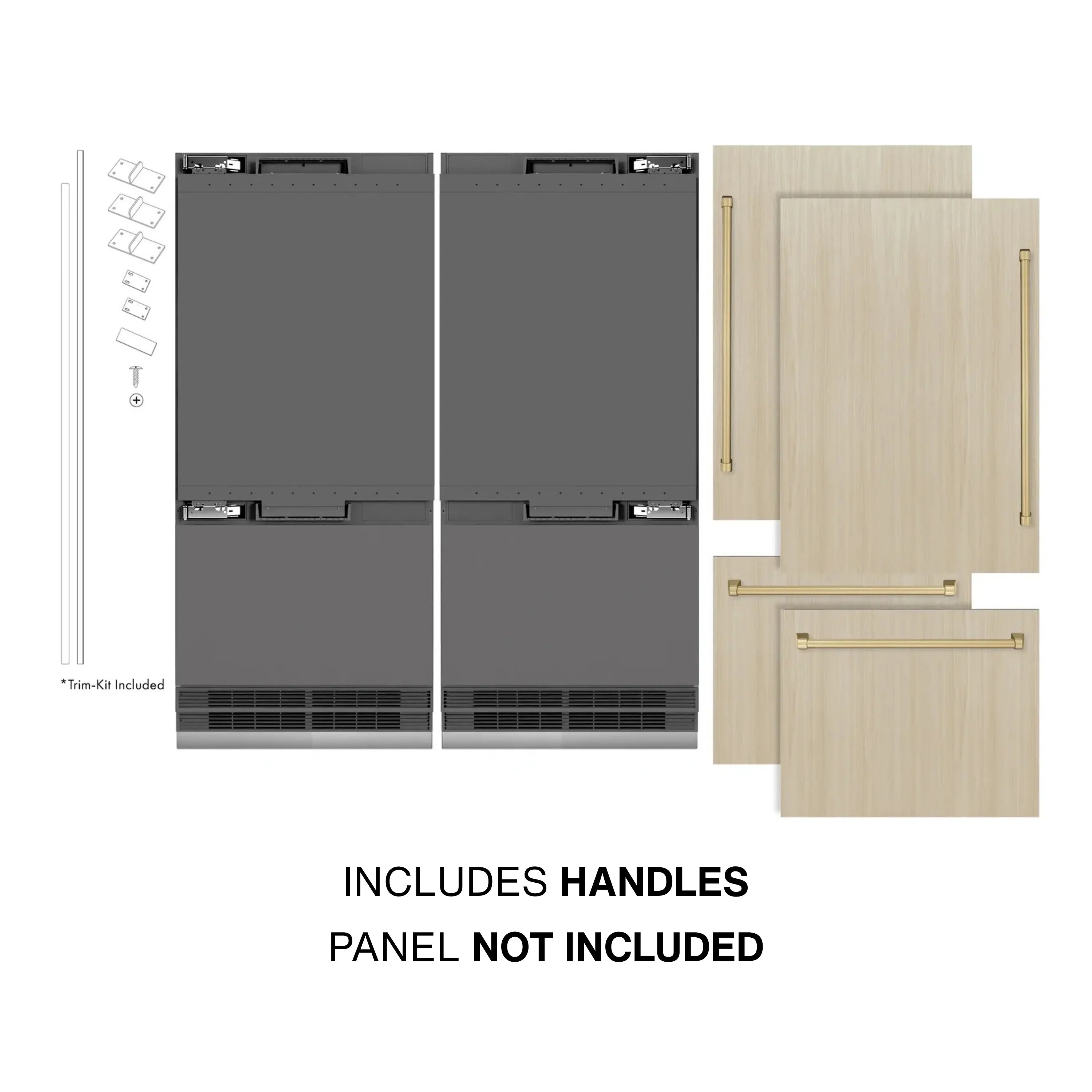 Panel-ready refrigerator, includes handles; decorative panels not included; graphite doors