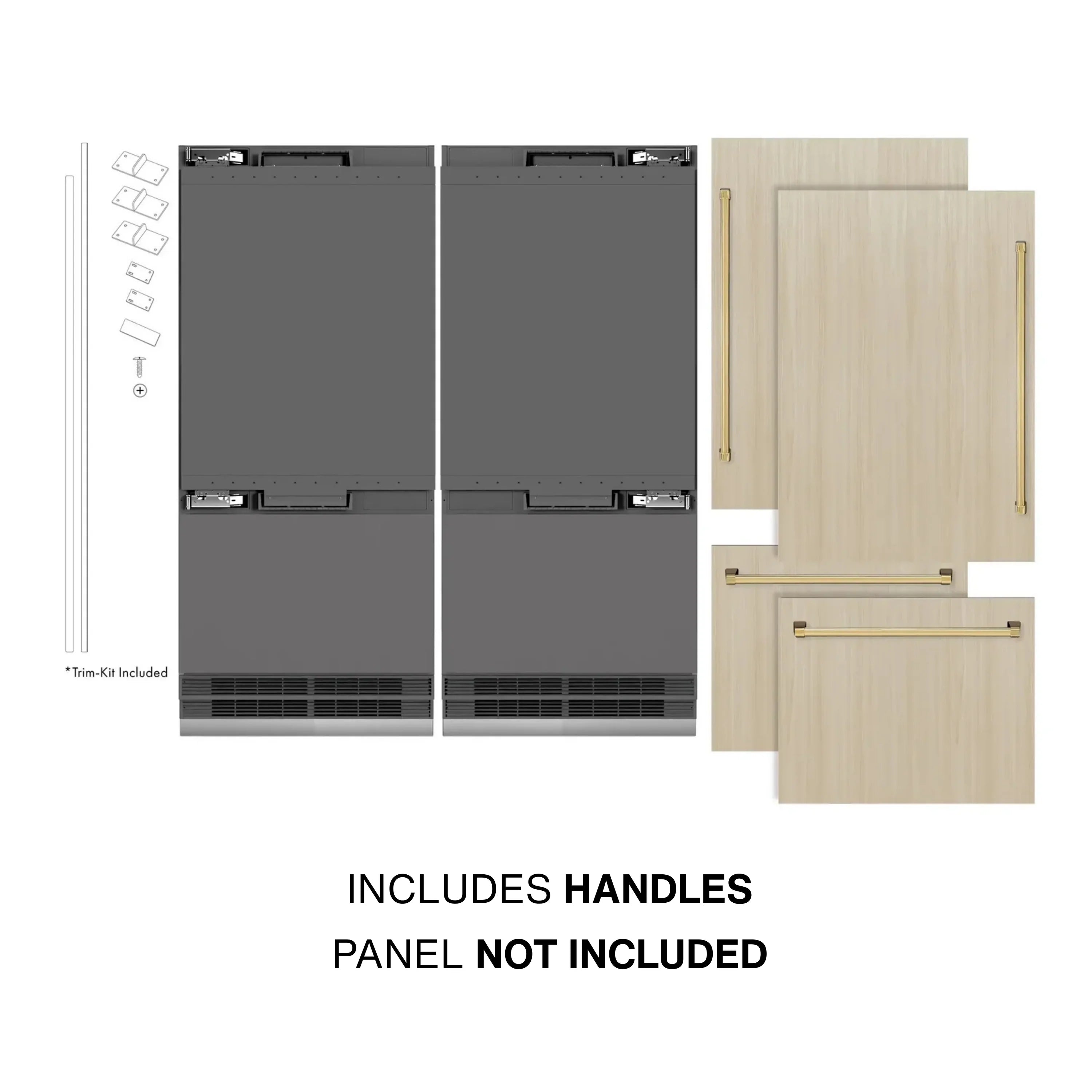 Panel-ready French door refrigerator with included handle hardware and slots for custom panels