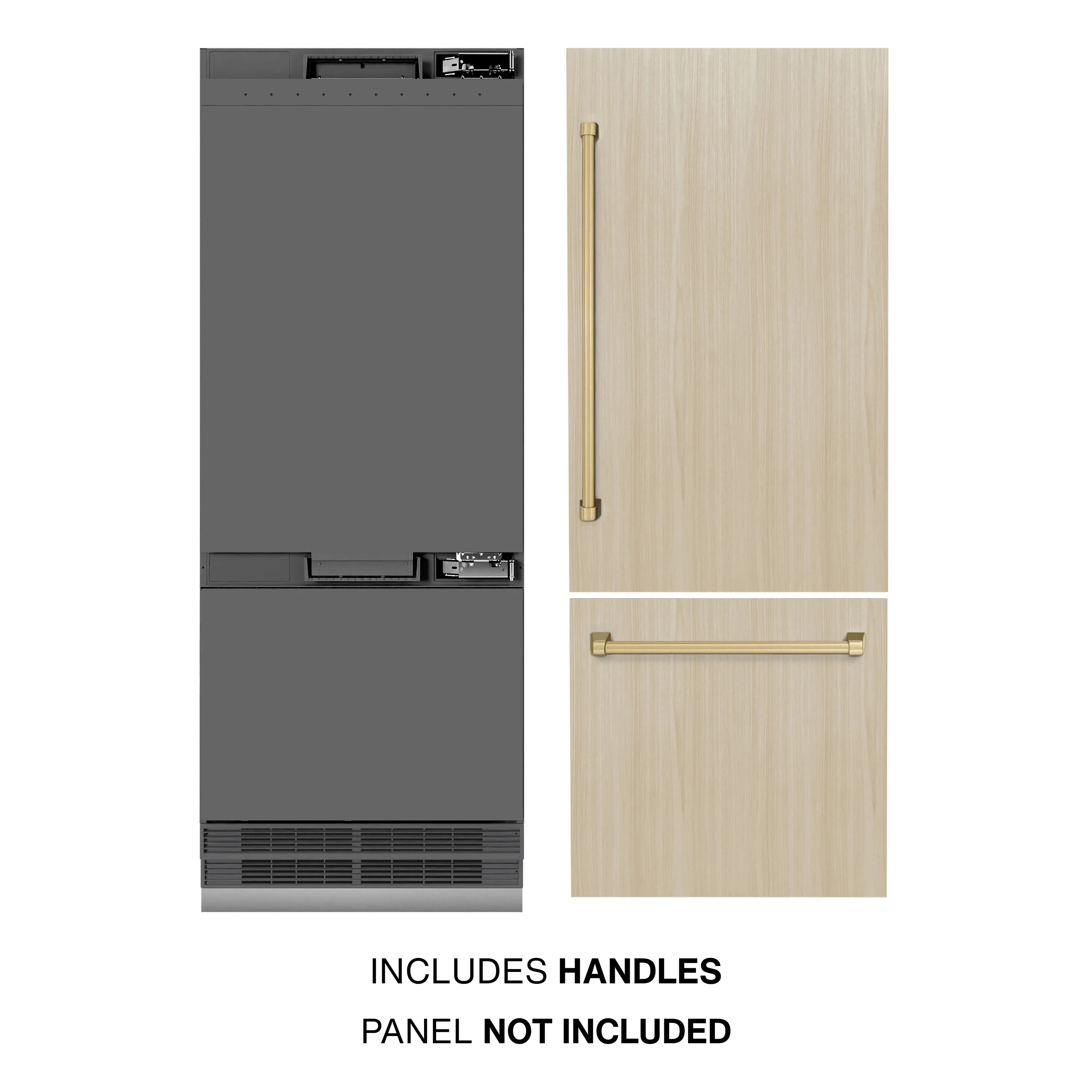 Panel-ready refrigerator with champagne bronze handles and light wood panel doors