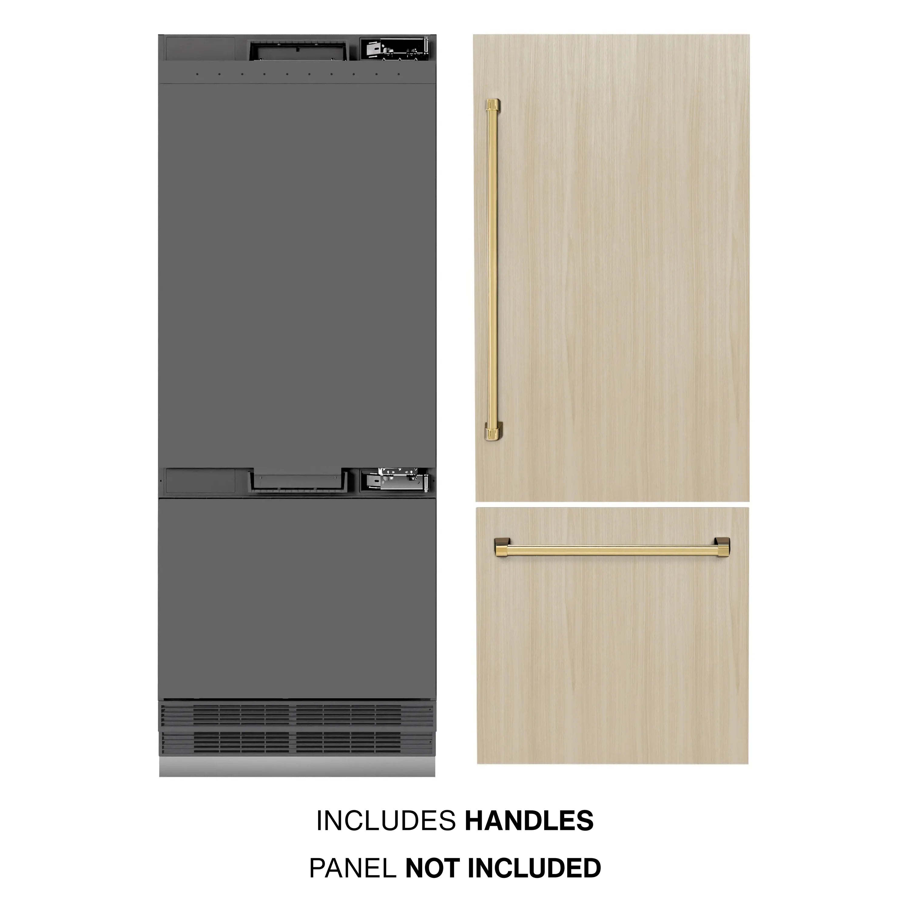 Panel-ready bottom freezer refrigerator with light wood panels and gold handles