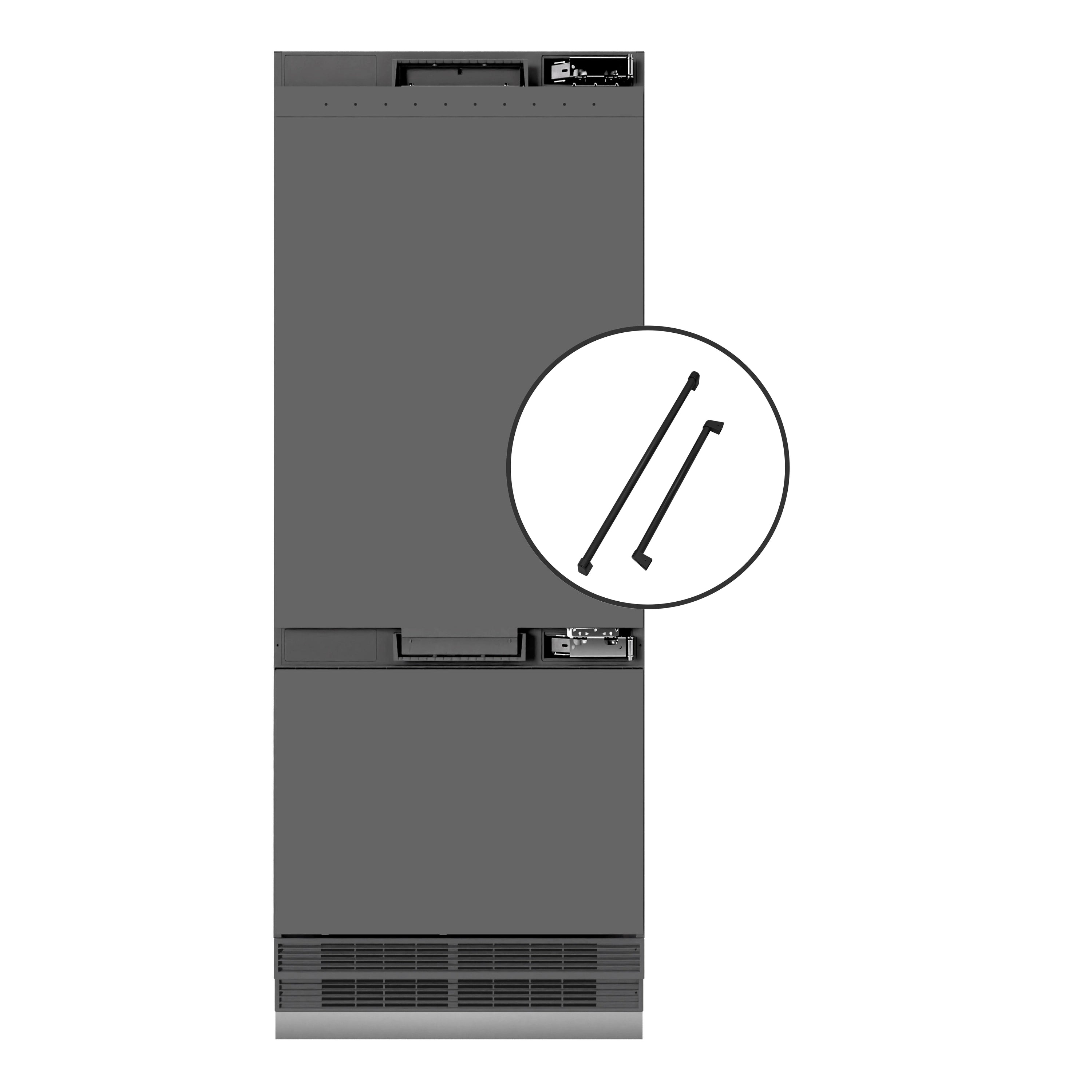 Panel-ready built-in bottom freezer refrigerator in graphite gray with matte black accents