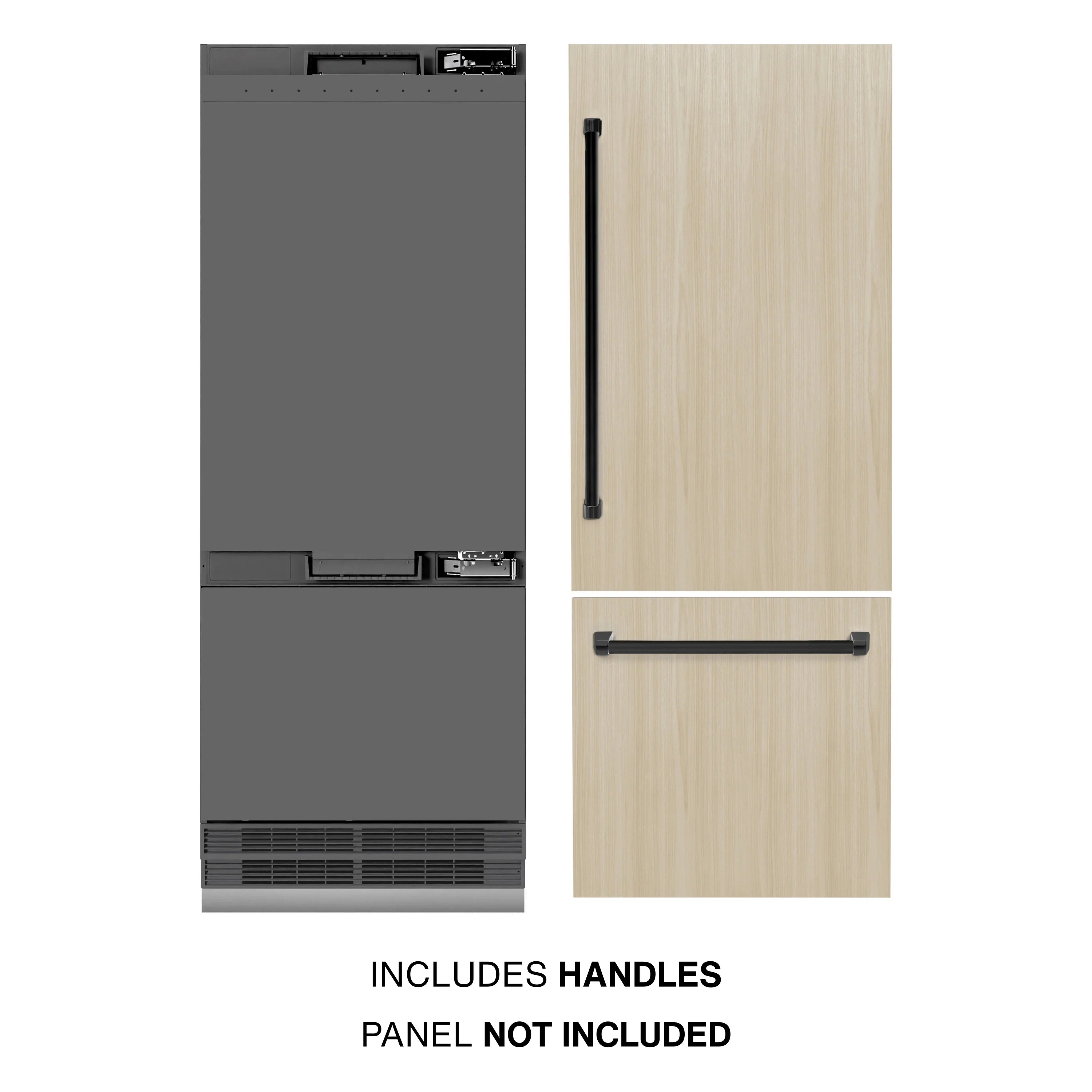 Panel-ready refrigerator with included handles, showing wood panel option and bottom freezer vent