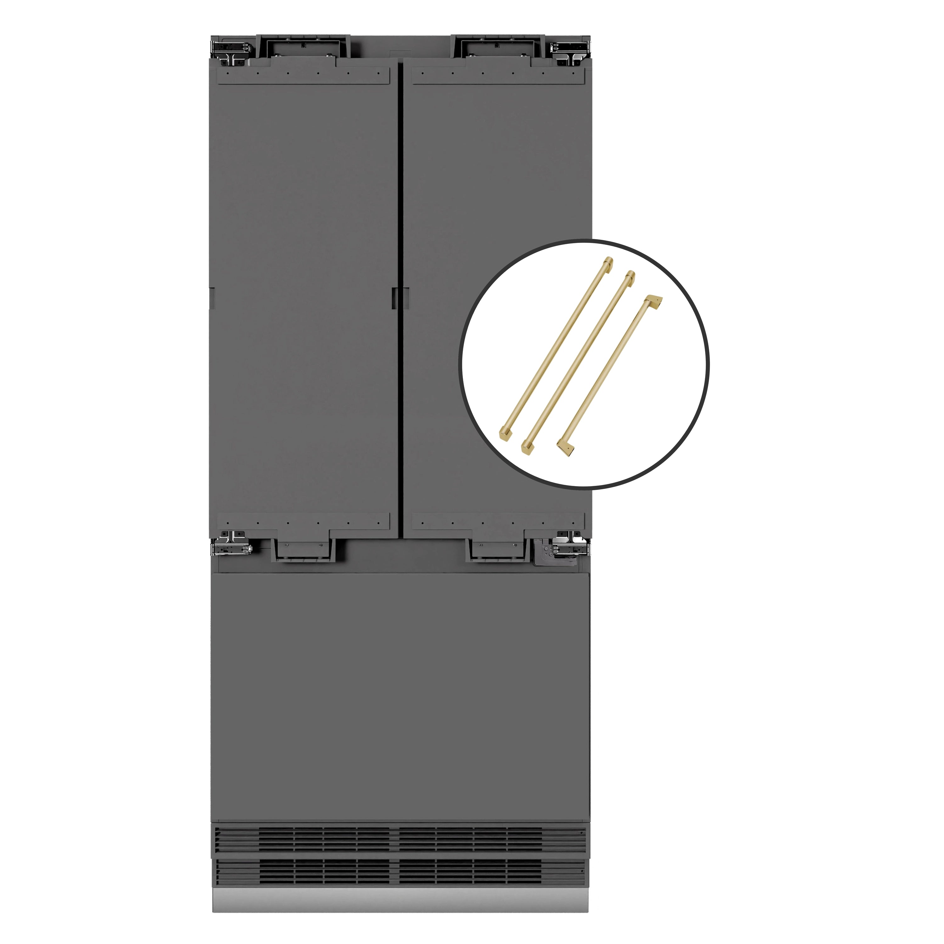 Panel-ready built-in French door refrigerator, graphite gray exterior, bottom freezer
