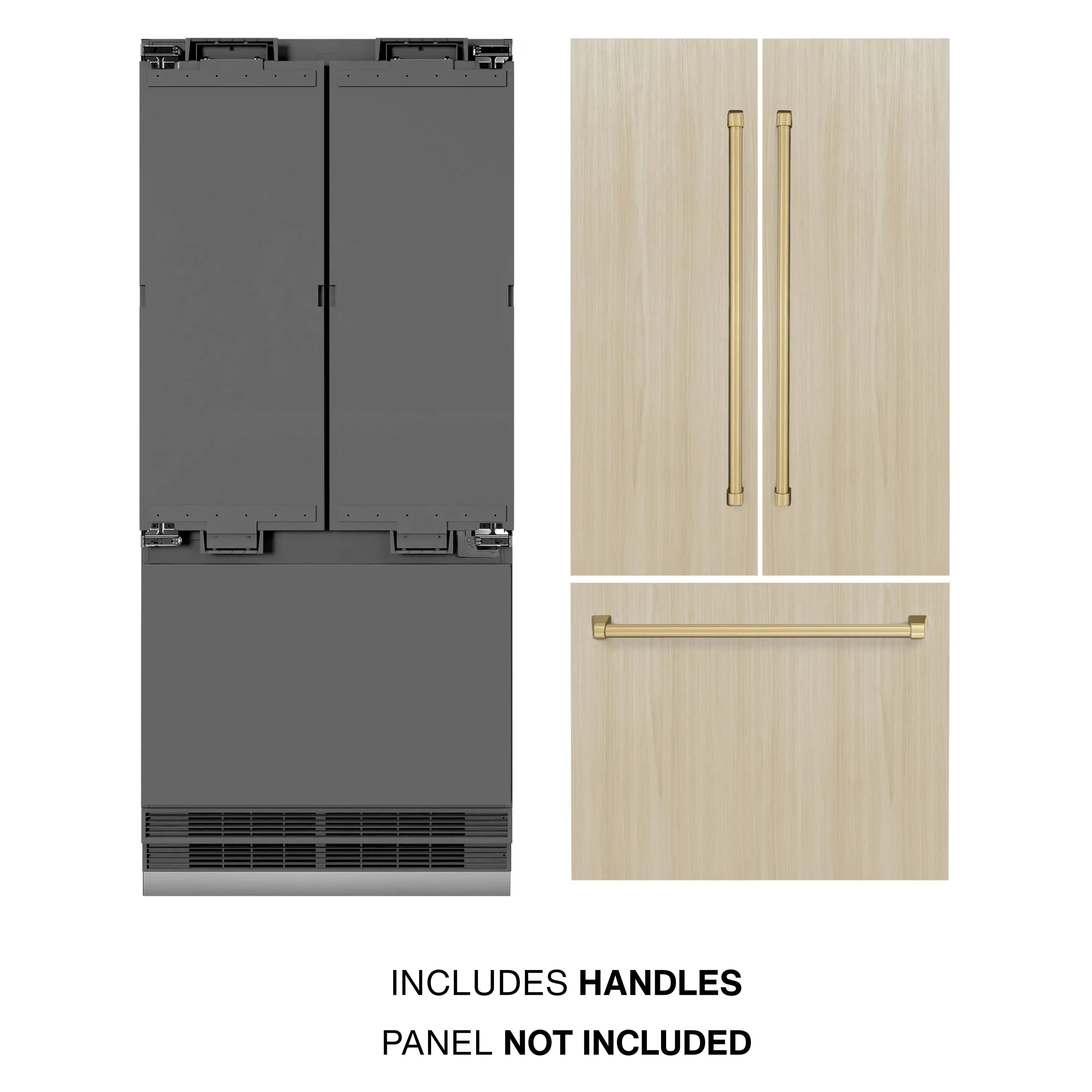 Panel-ready French door refrigerator with included champagne bronze handles, graphite gray