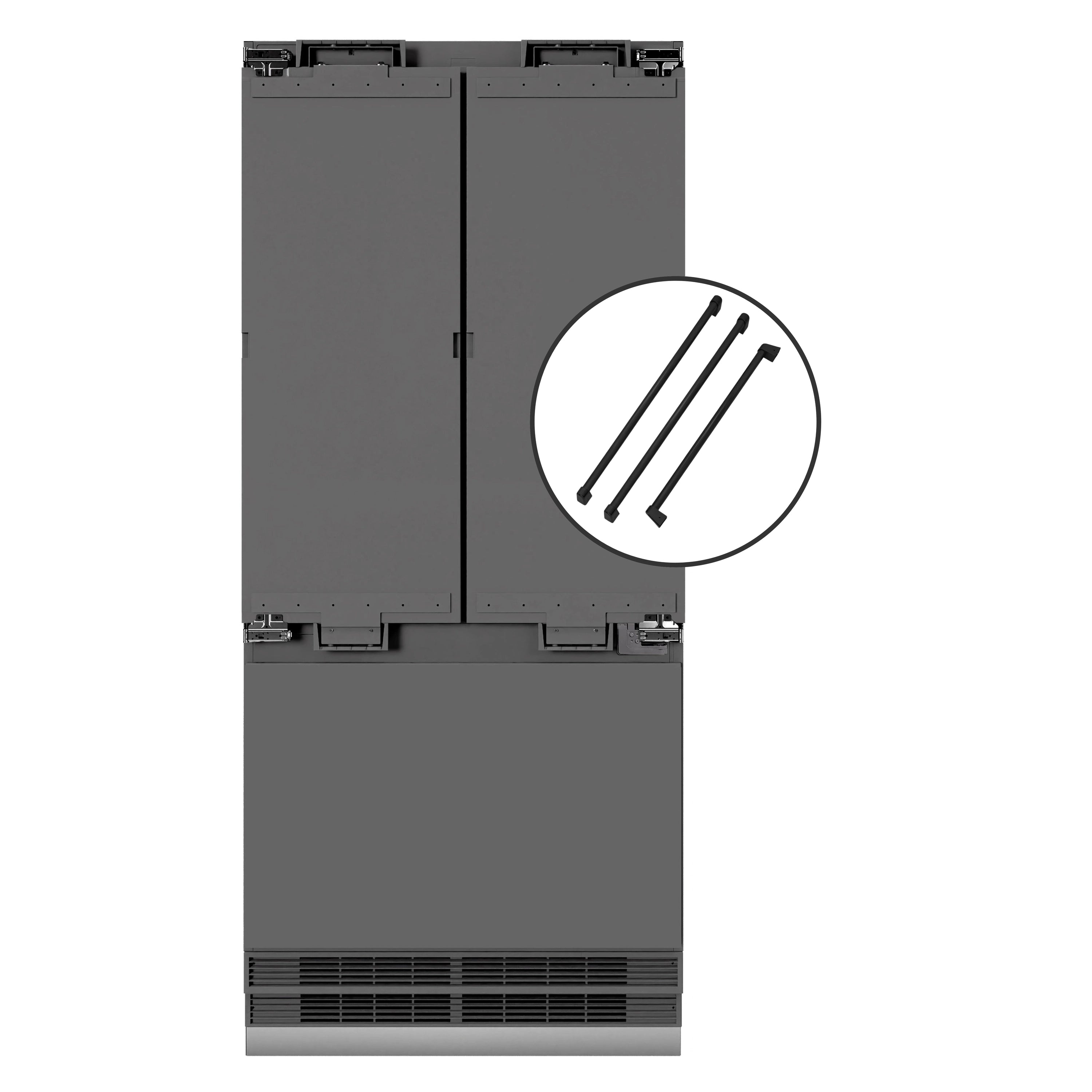 Panel-ready French door refrigerator with gray cabinet and mounting holes
