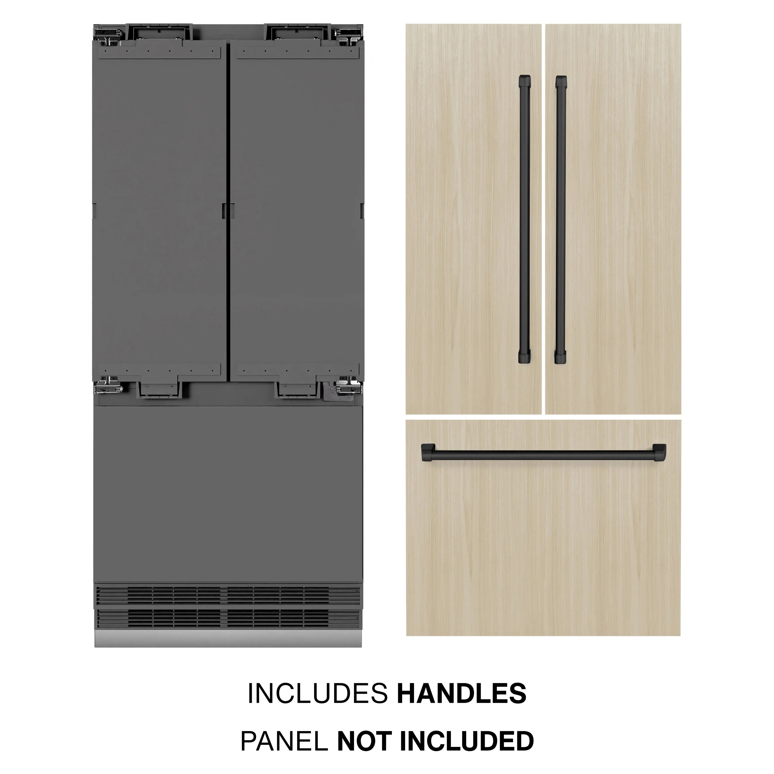 Built-in French door refrigerator with included black handles, panel-ready design