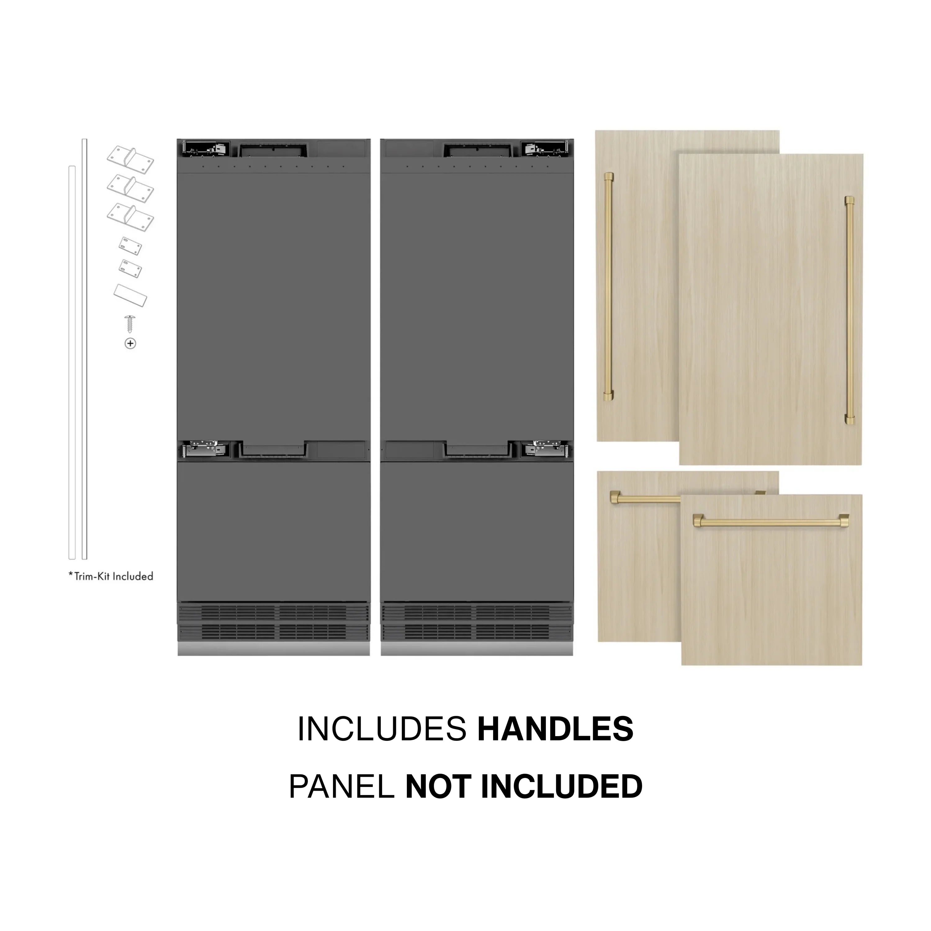 Panel-ready refrigerator showing included handles and optional wood door panels