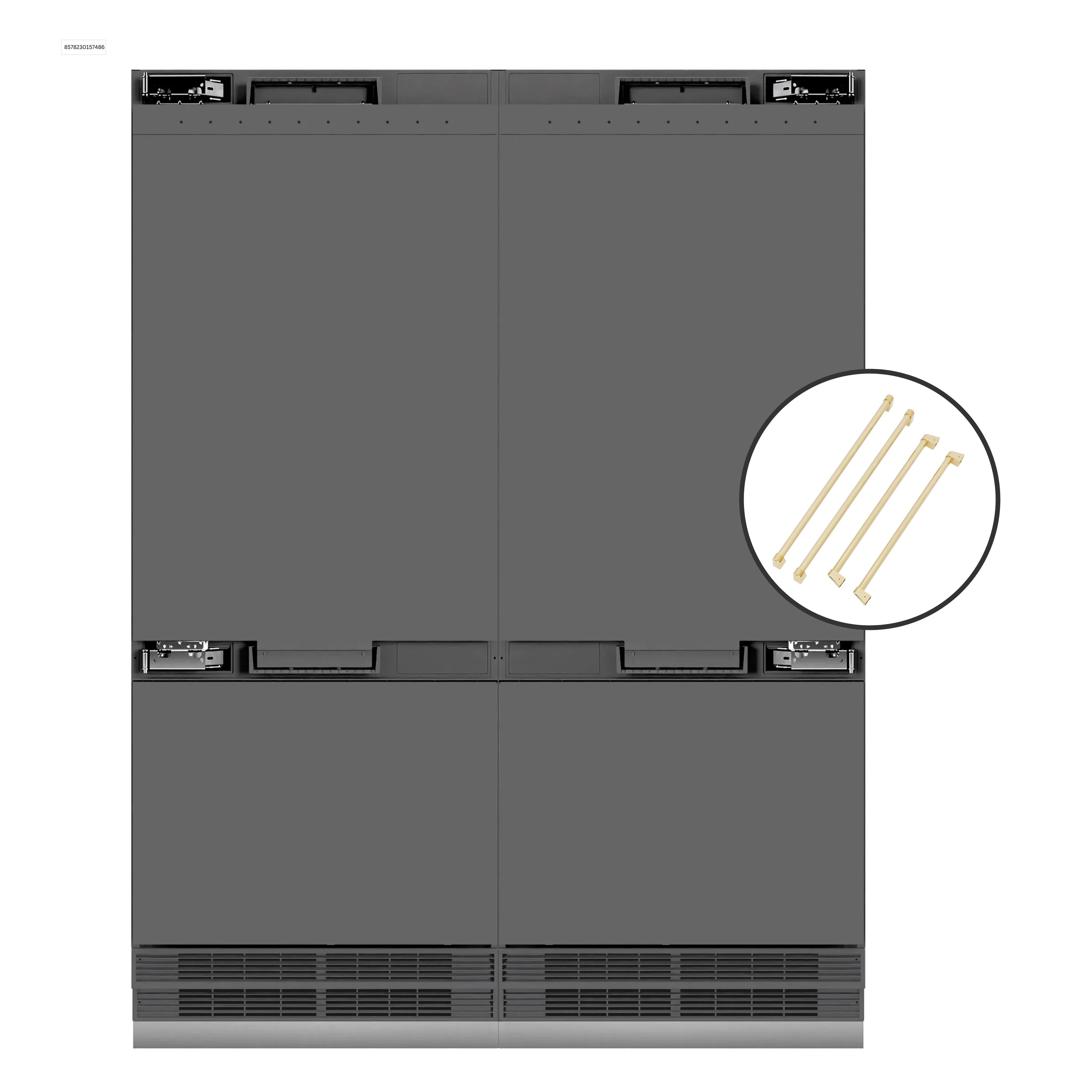 Panel-ready French door refrigerator, graphite gray doors with polished gold handle accents
