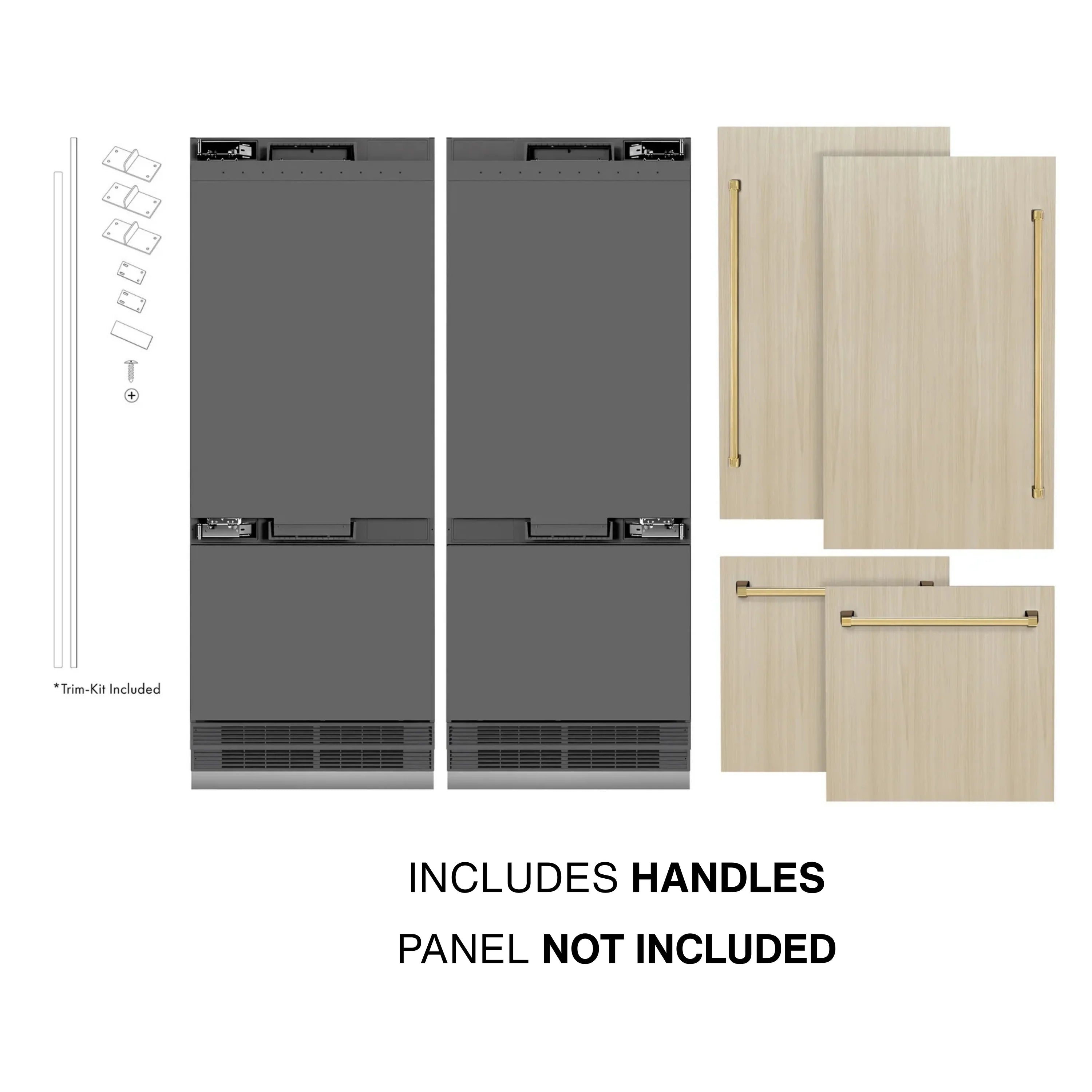 Panel-ready refrigerator with included gold handles and custom panel cutout templates