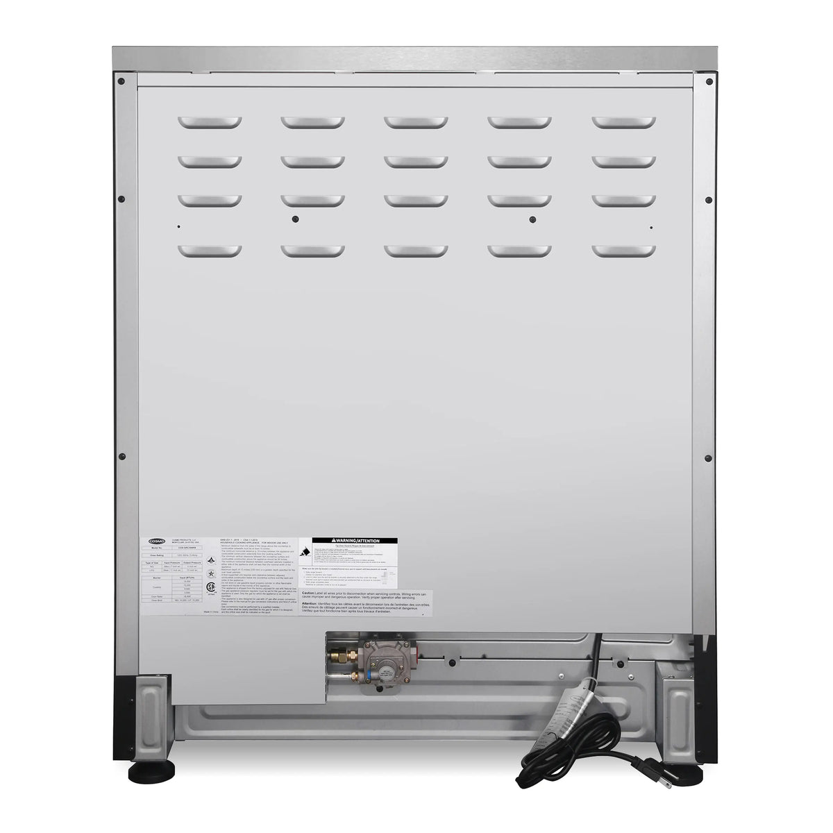 Stainless steel gas range rear access panel with ventilation slots and connections