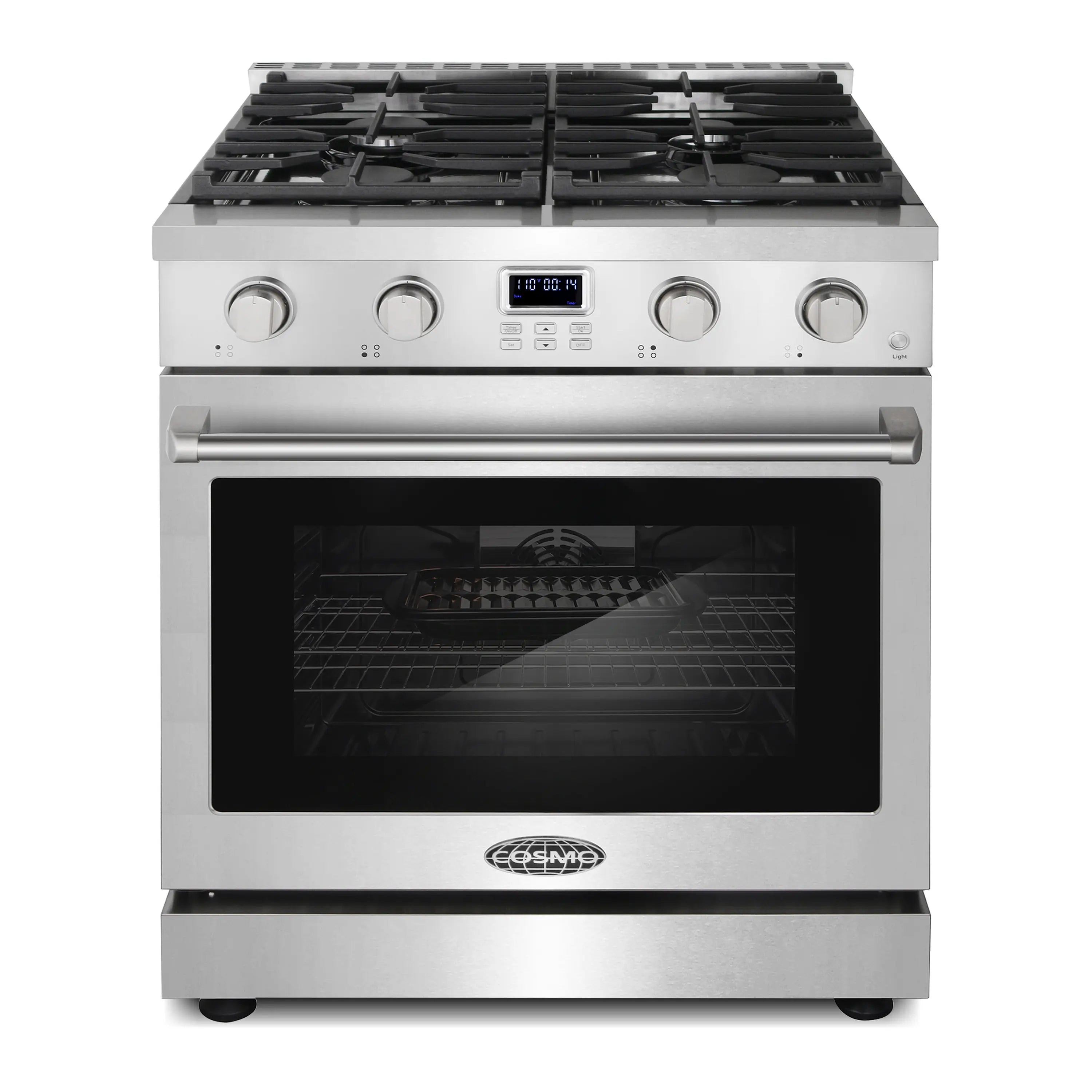 Stainless steel gas range front view with four burner grates, knobs, and oven door