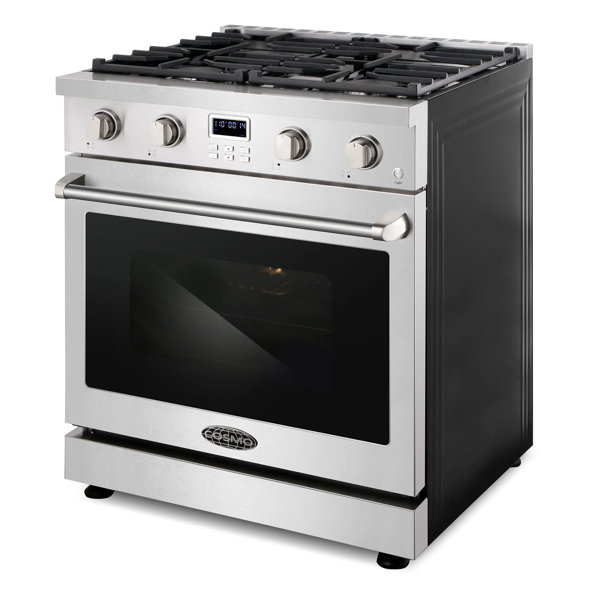Stainless steel freestanding gas range with four burners and oven window, front controls