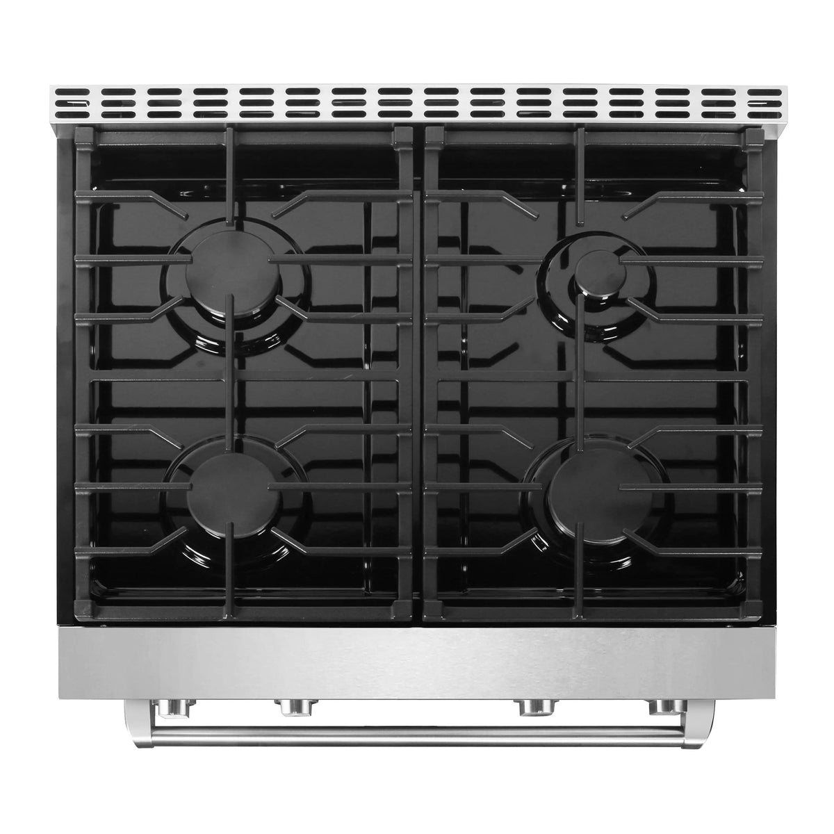 Stainless steel gas range cooktop with four burner grates and black burner caps