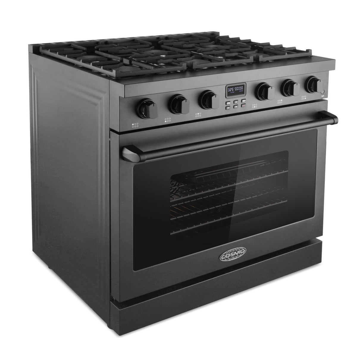 Matte black electric range with six burners and glass oven door, control knobs