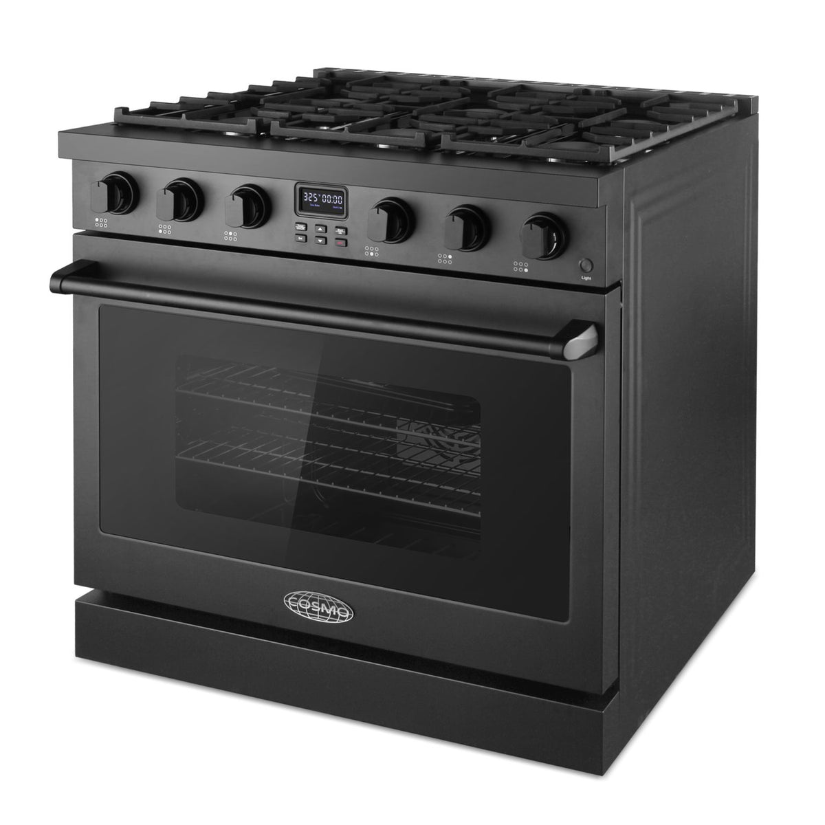 Matte black electric range with six burners and convection oven window