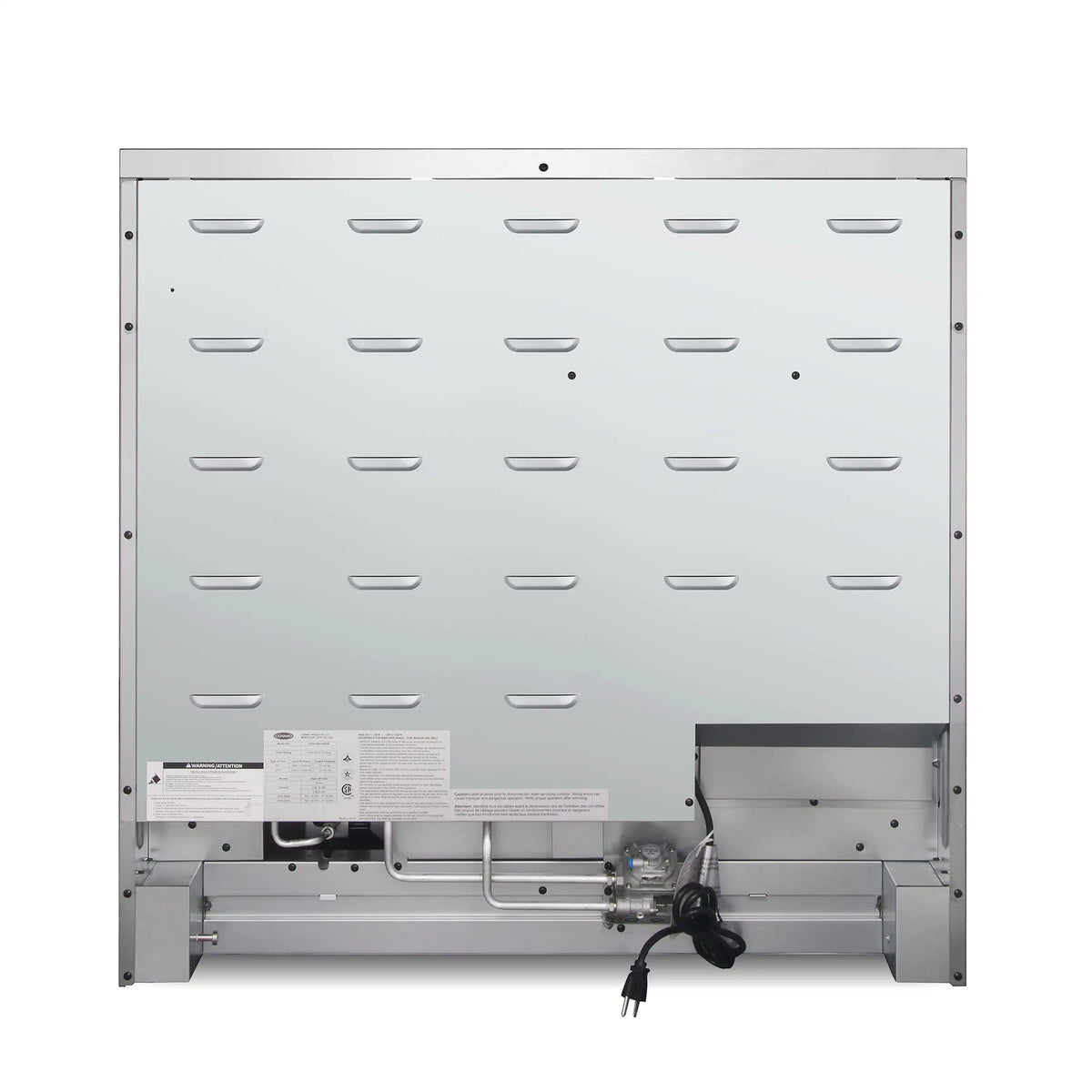 Gas range open back panel showing wiring and fittings, stainless steel frame