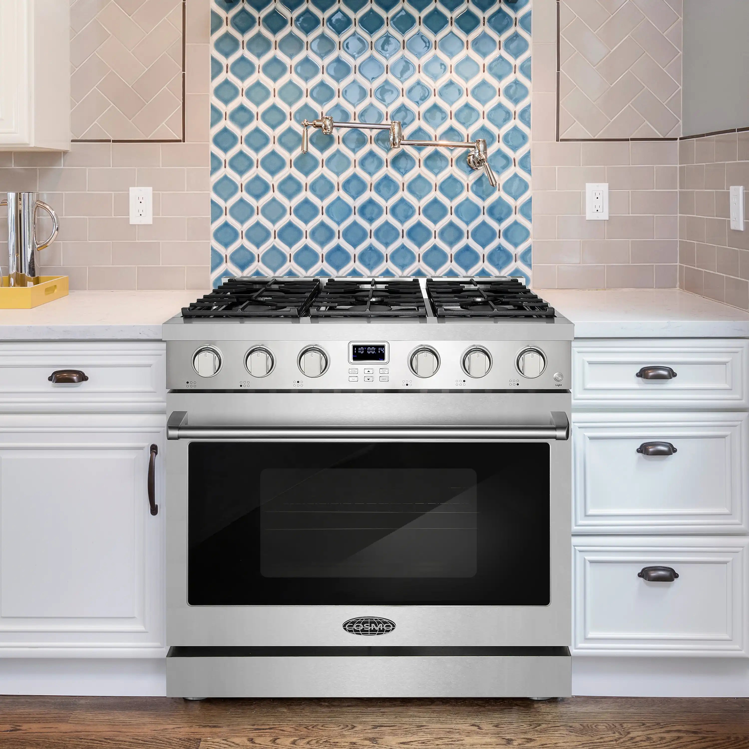 Stainless steel 6-burner gas range with convection oven door, built-in kitchen view