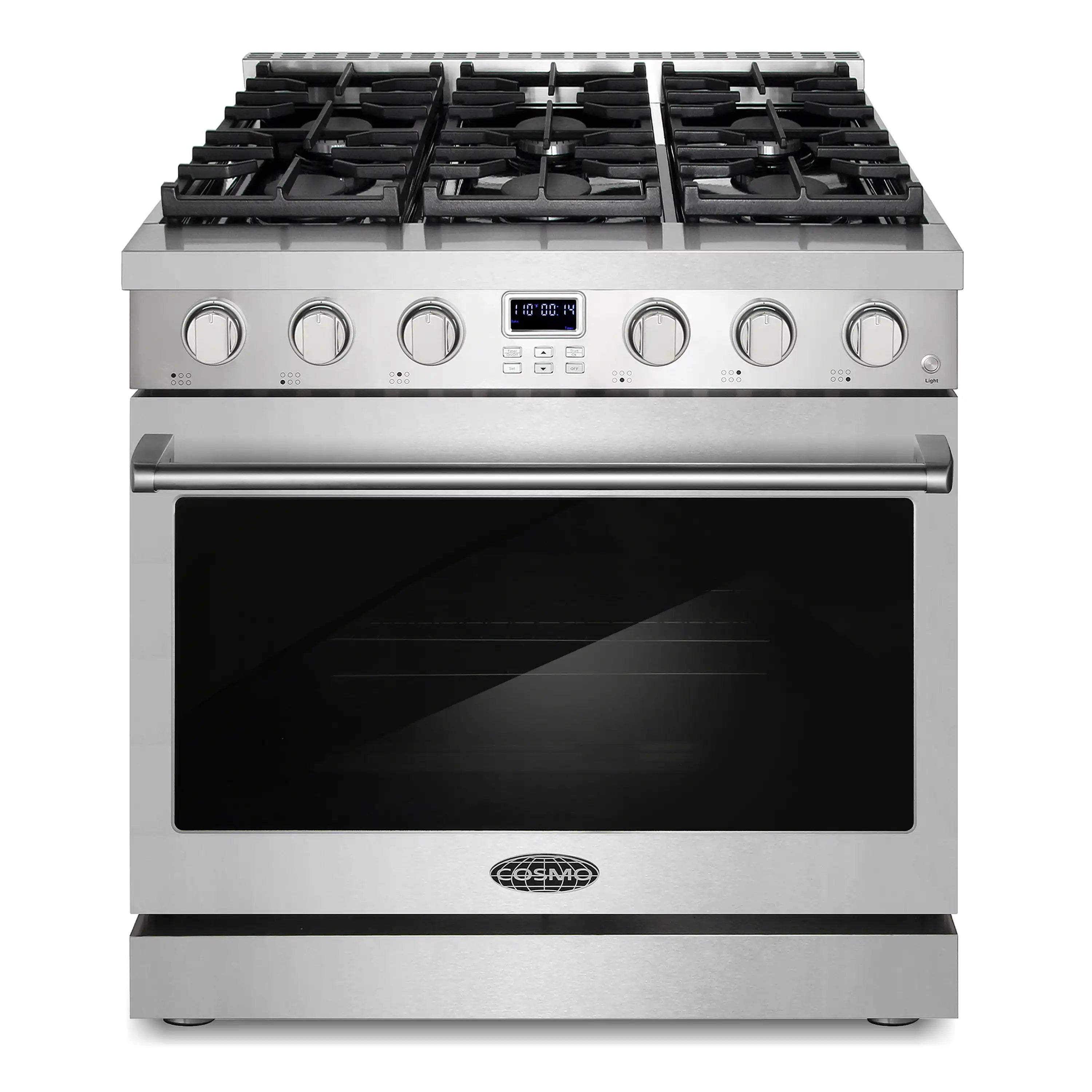 Stainless steel gas range with 6 top burners and control panel, front view