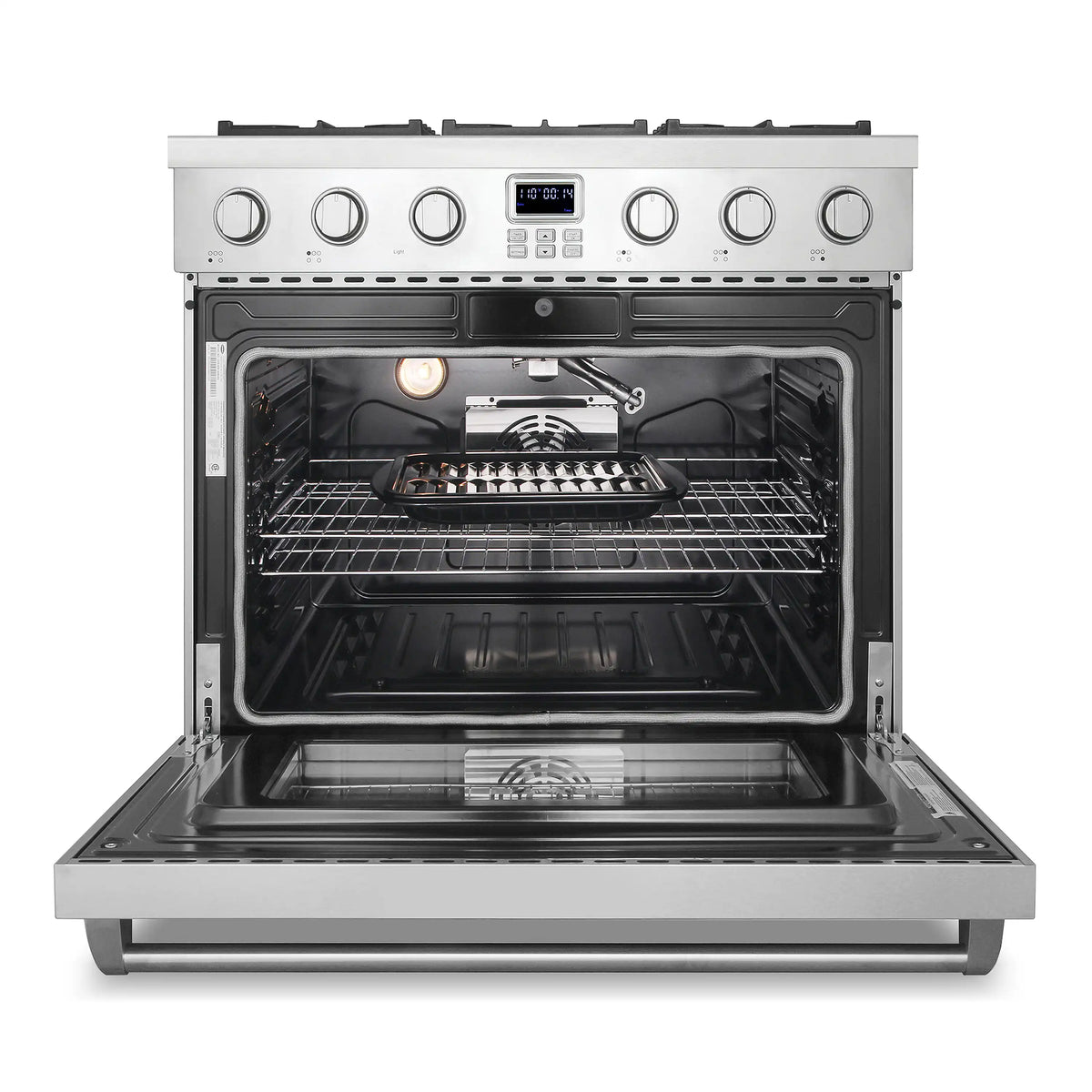 Gas convection oven door open with racks and burner igniter, stainless steel range