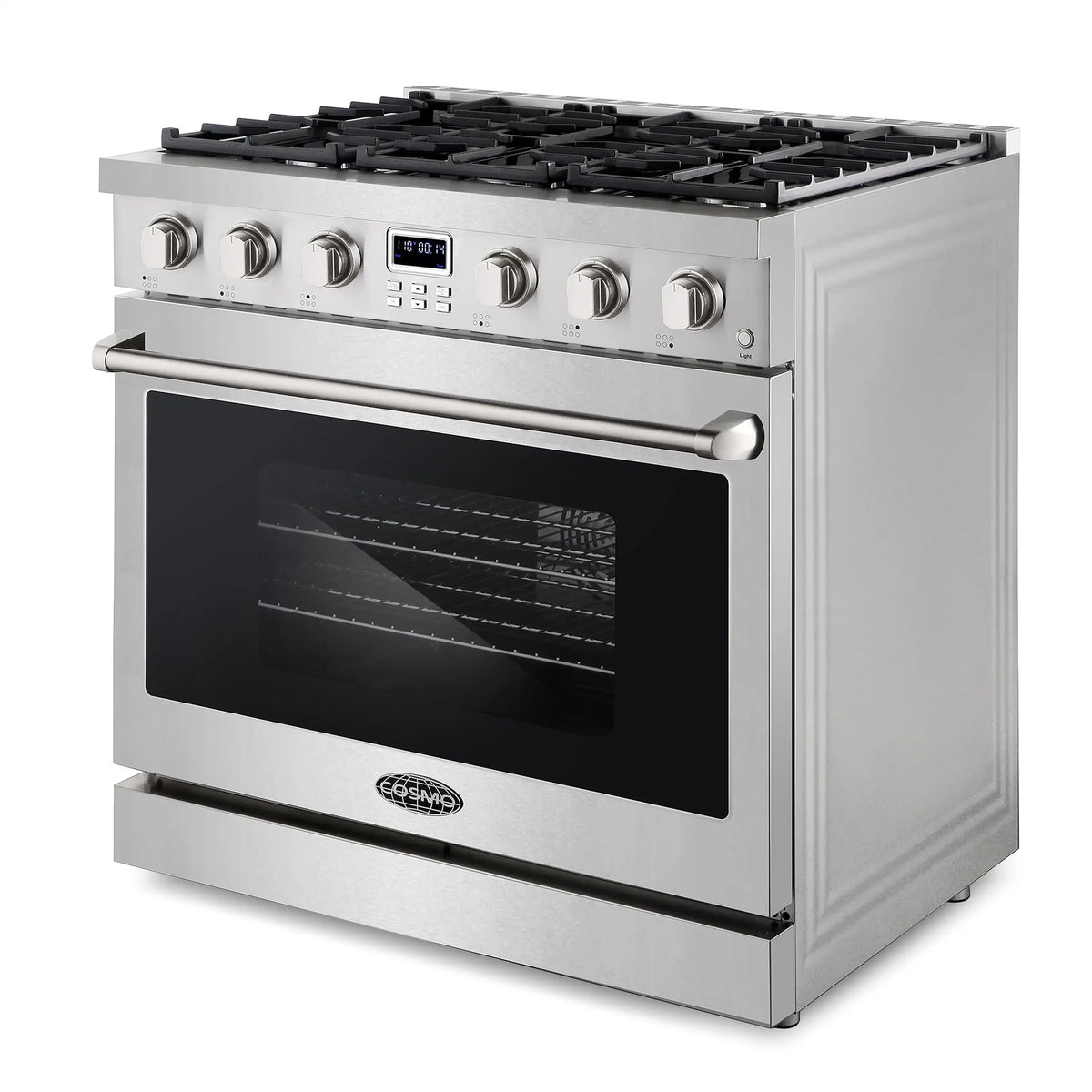 Stainless steel slide-in gas range with 6 burners and convection oven, front view