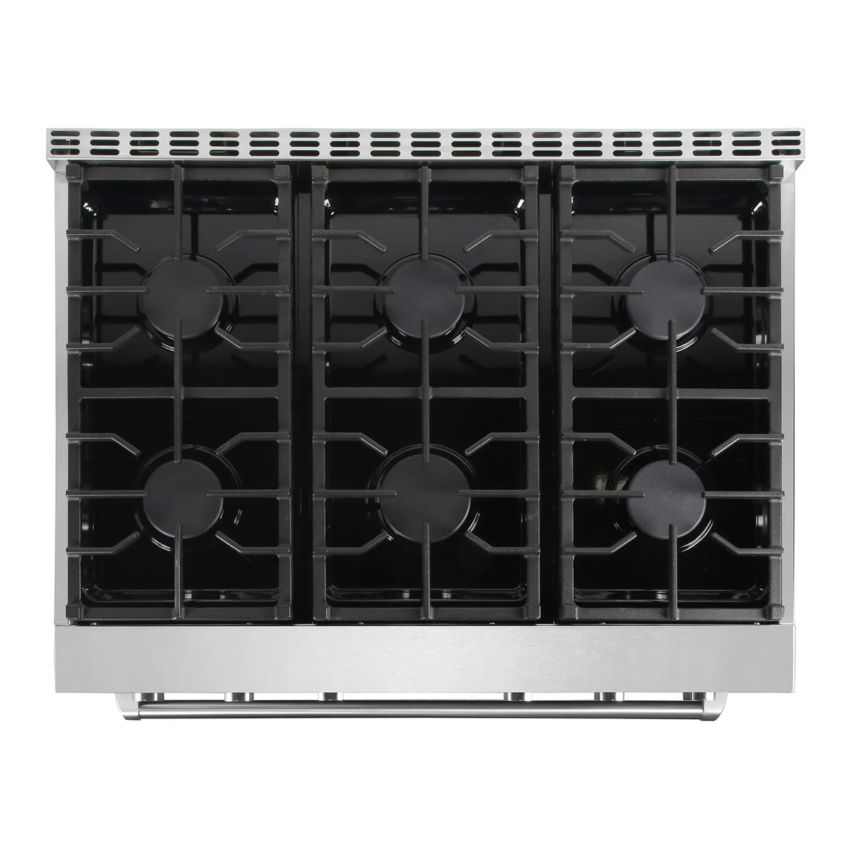 Gas range cooktop with six black grates and burner caps, viewed from above