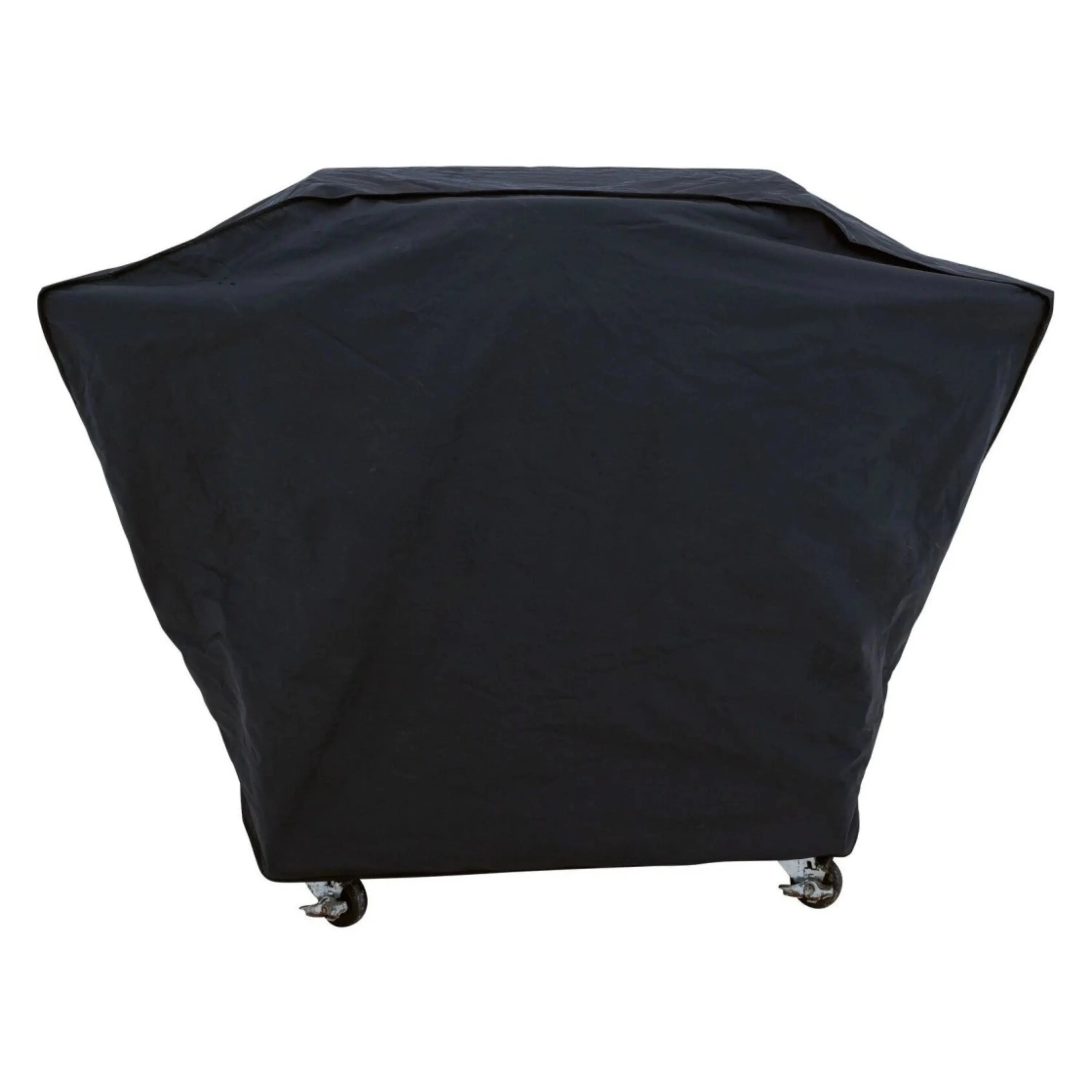 Black fitted gas griddle cover with elastic bottom hem for cart legs