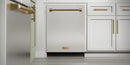 Thor 24-inch dishwasher door in stainless steel with bronze handle in white cabinetry