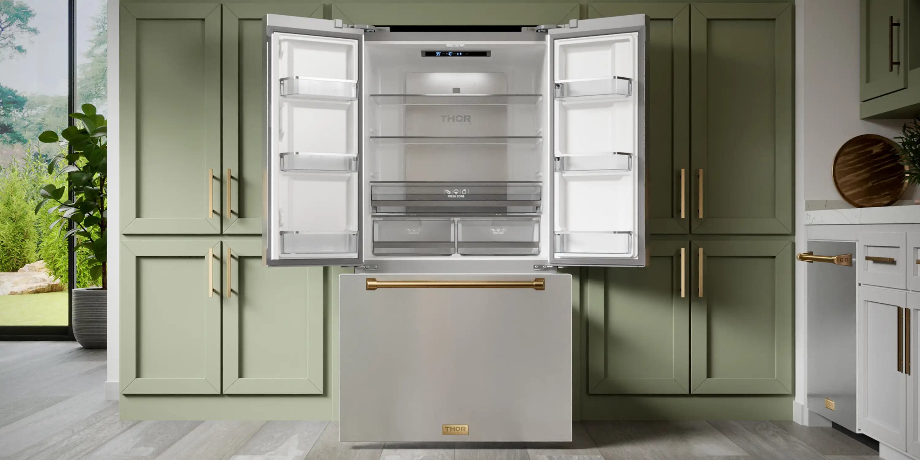 French door refrigerator with open fresh food doors and freezer drawer