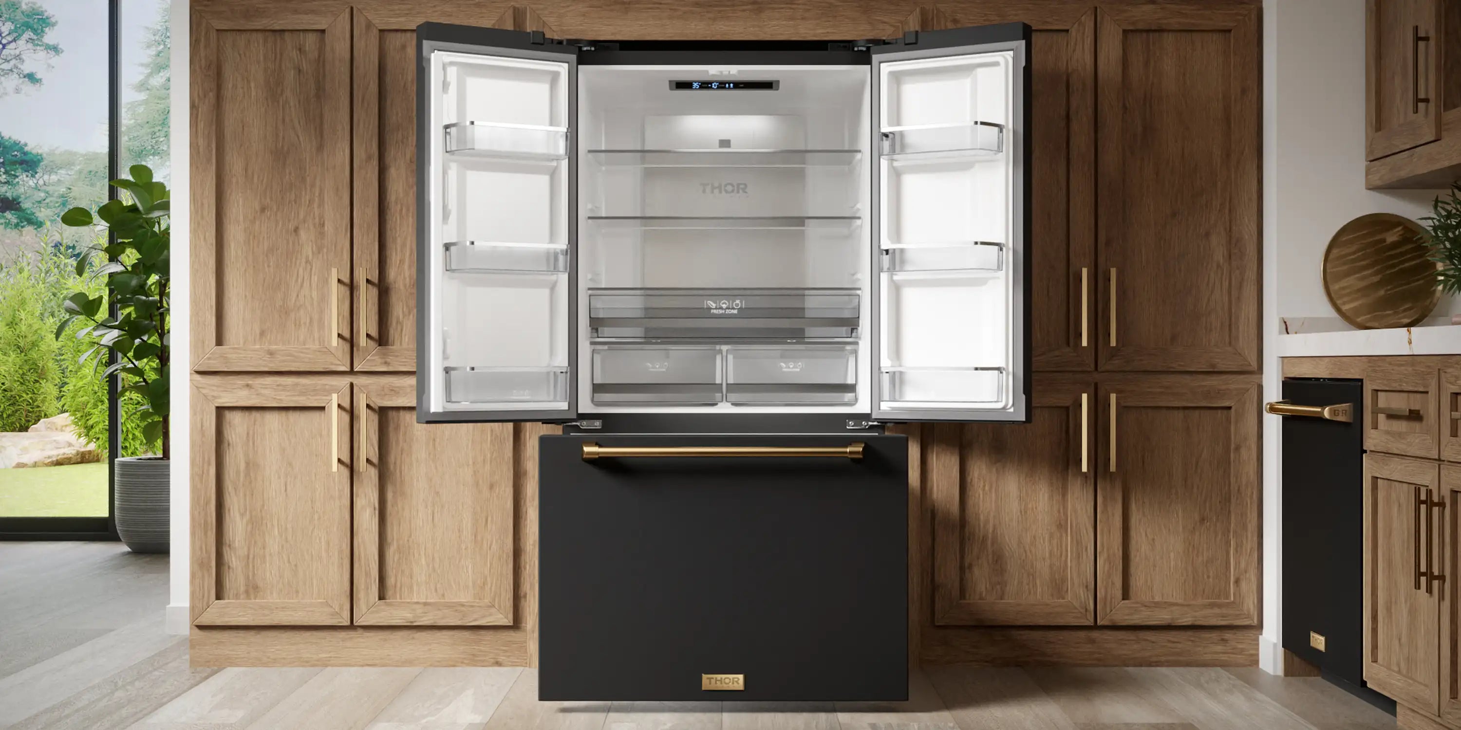 Black counter-depth French door refrigerator with open doors, shelves, and ice maker; bronze trim