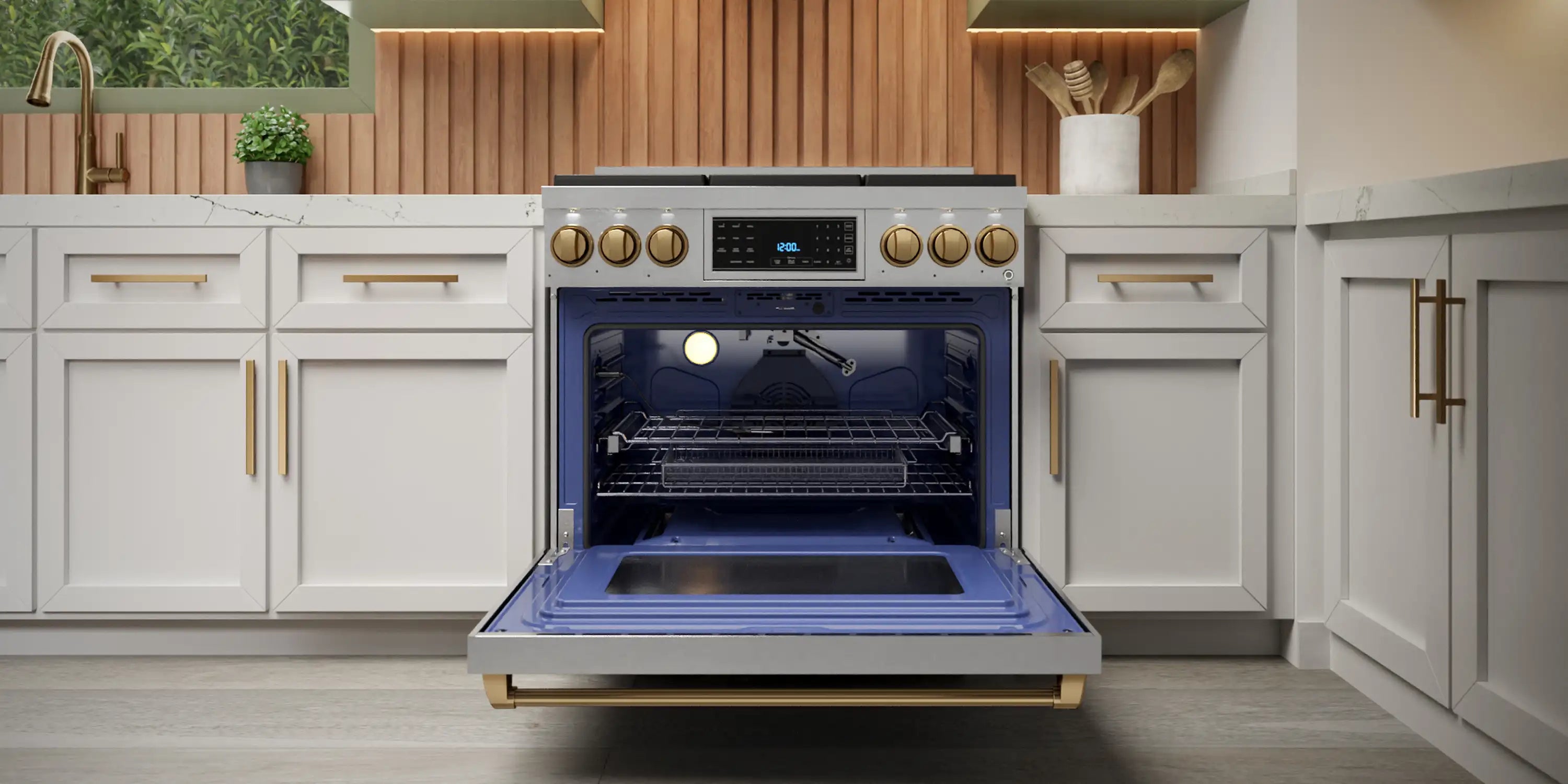 Stainless steel gas range with oven door open and blue-lit cooking cavity