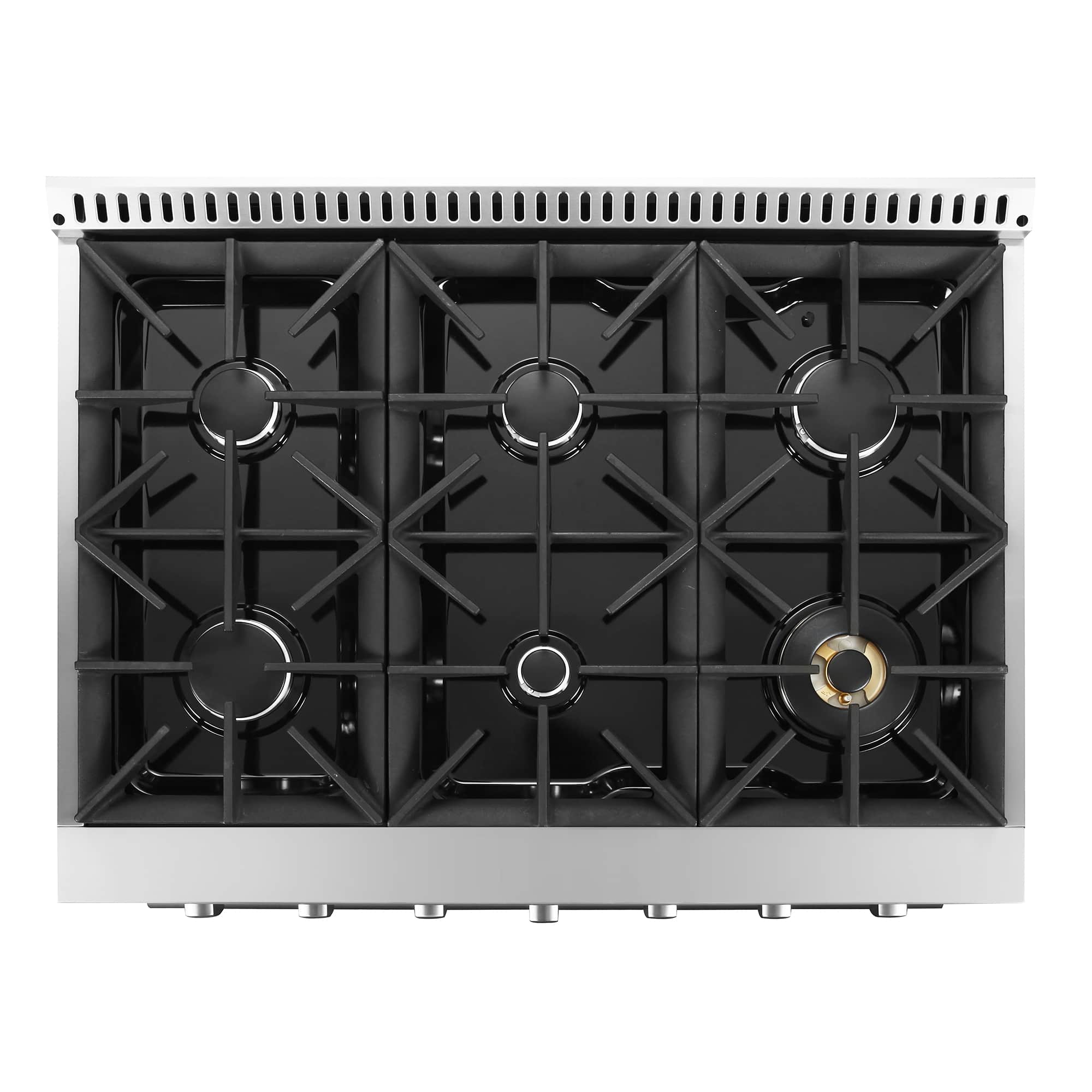 Stainless gas cooktop with six burners and black grates, with front control knobs