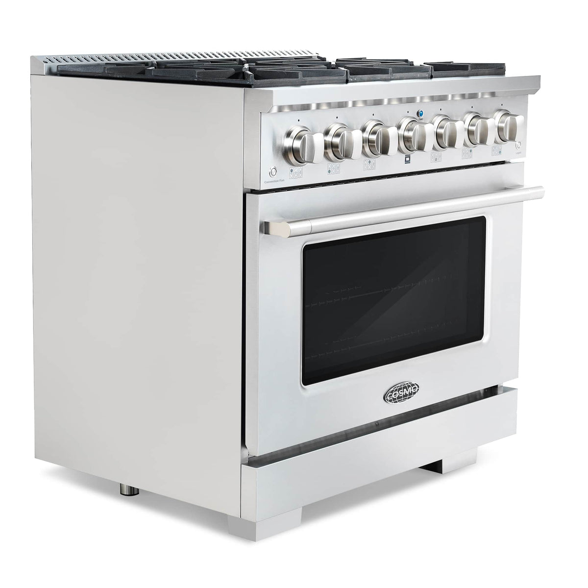 Stainless 36-inch gas range with black oven door window and control knobs