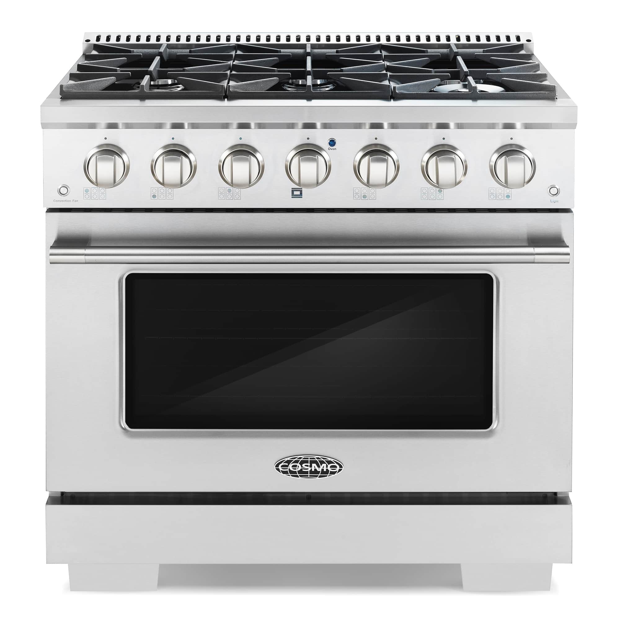 Stainless front view gas range with six burner grates, knobs, and black oven window