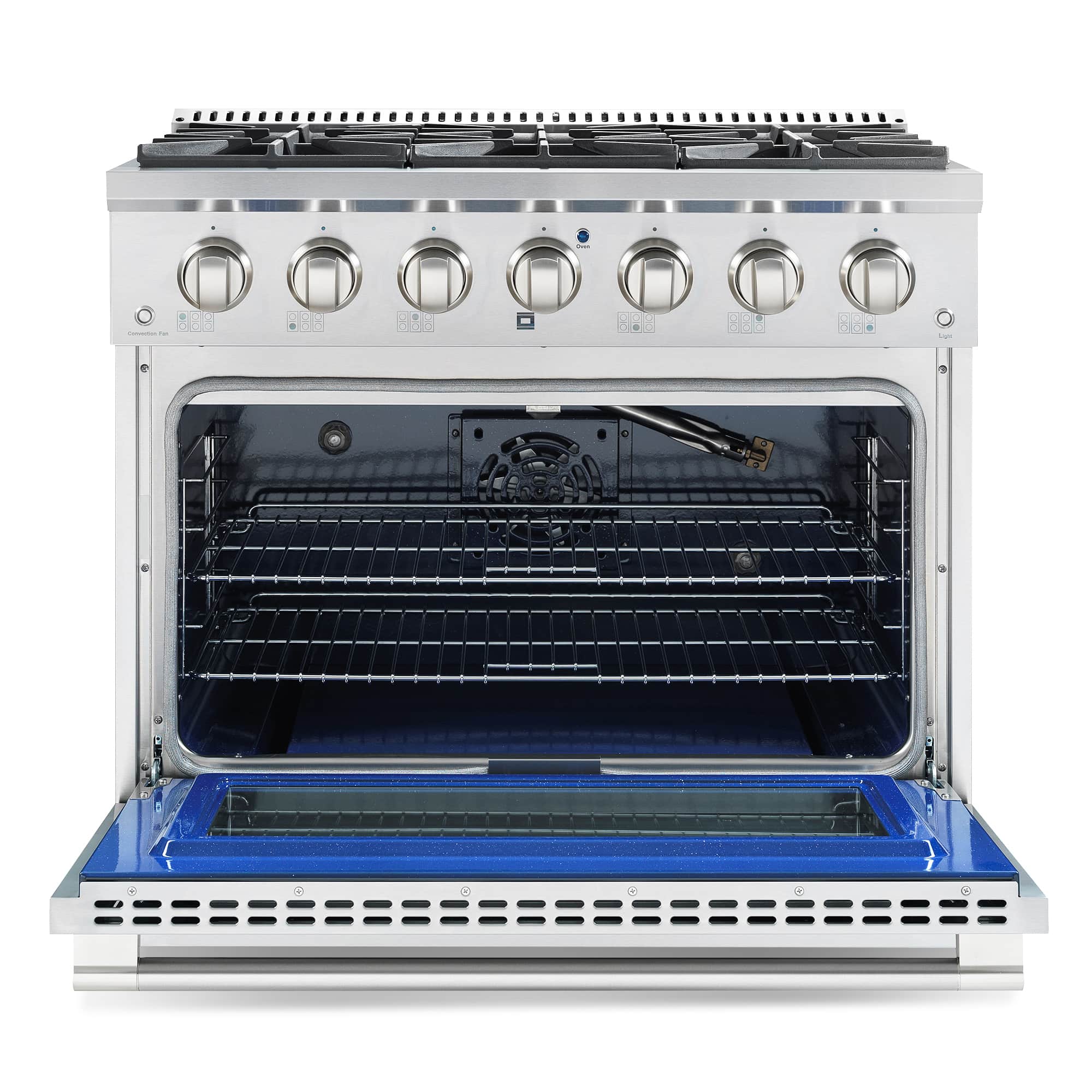 Stainless gas oven with open door showing interior racks and blue bottom panel