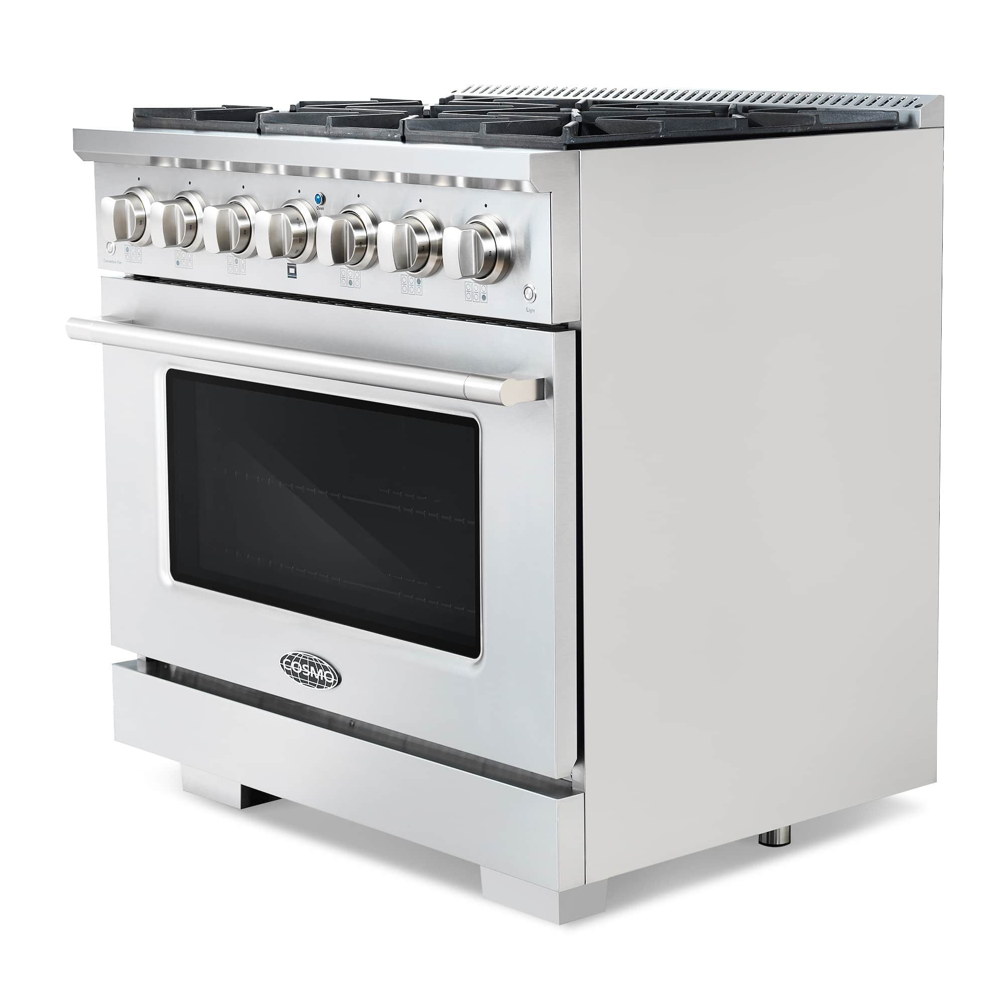 Stainless gas range with side control panel and black oven door window
