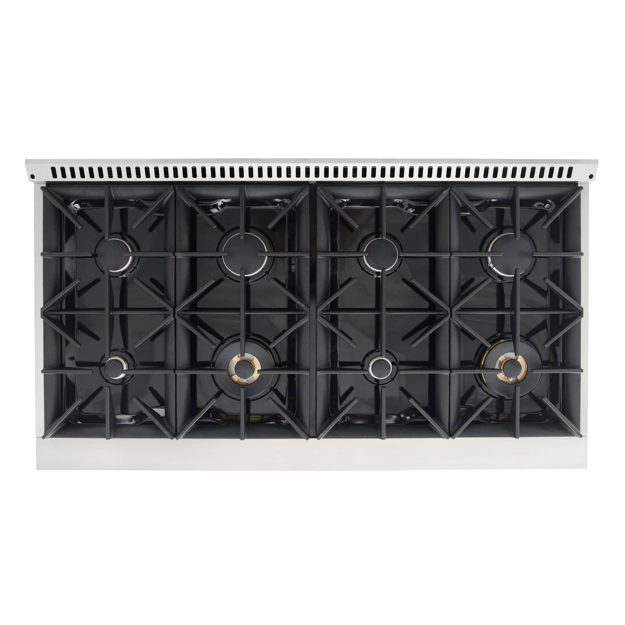 Stainless steel gas range with eight black burner grates and control knobs, double oven top view.