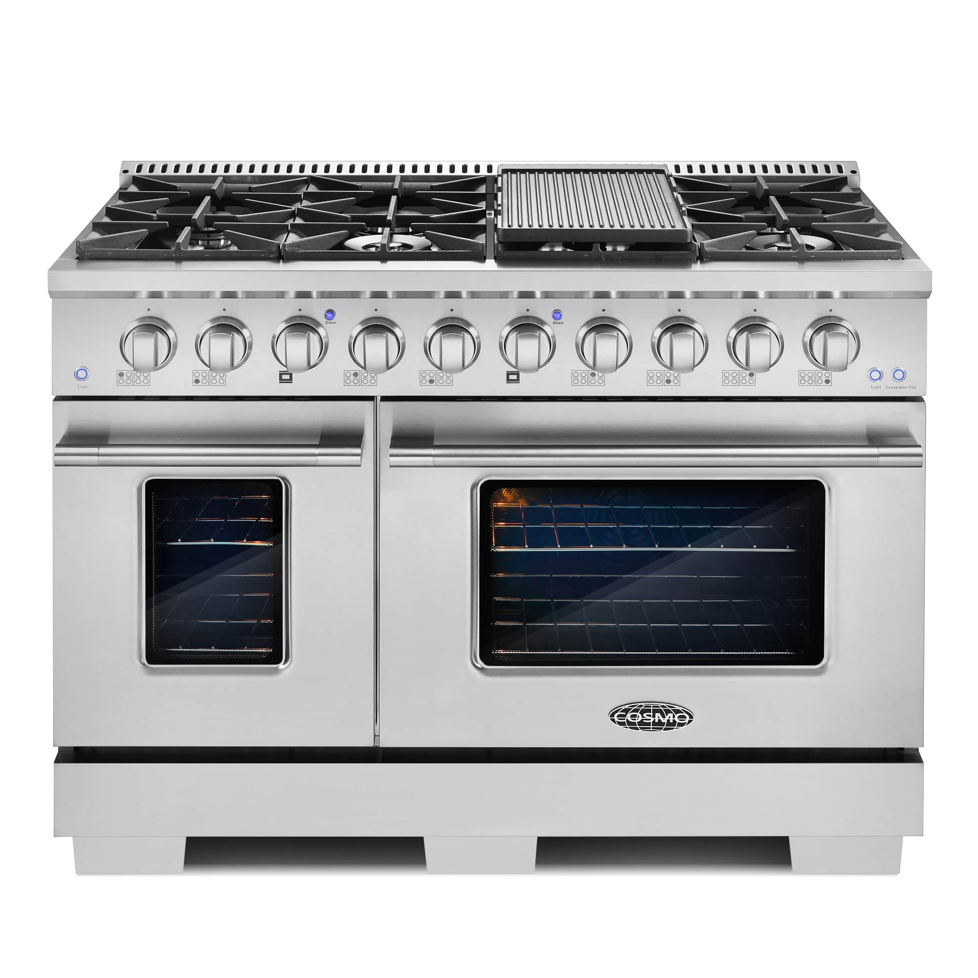 Stainless steel double oven gas range with front burner knobs and open burner grates, front view.