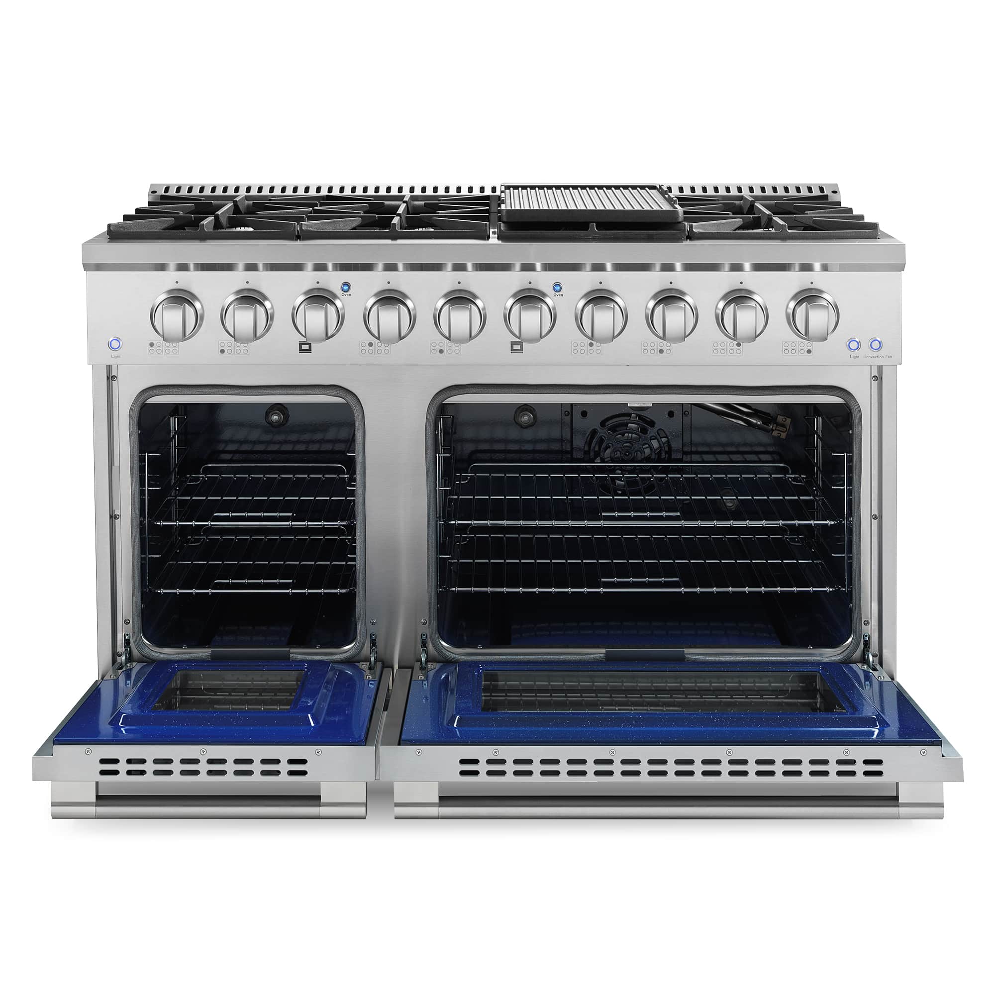 Stainless steel double oven gas range with two open oven doors and burner grates, front view.