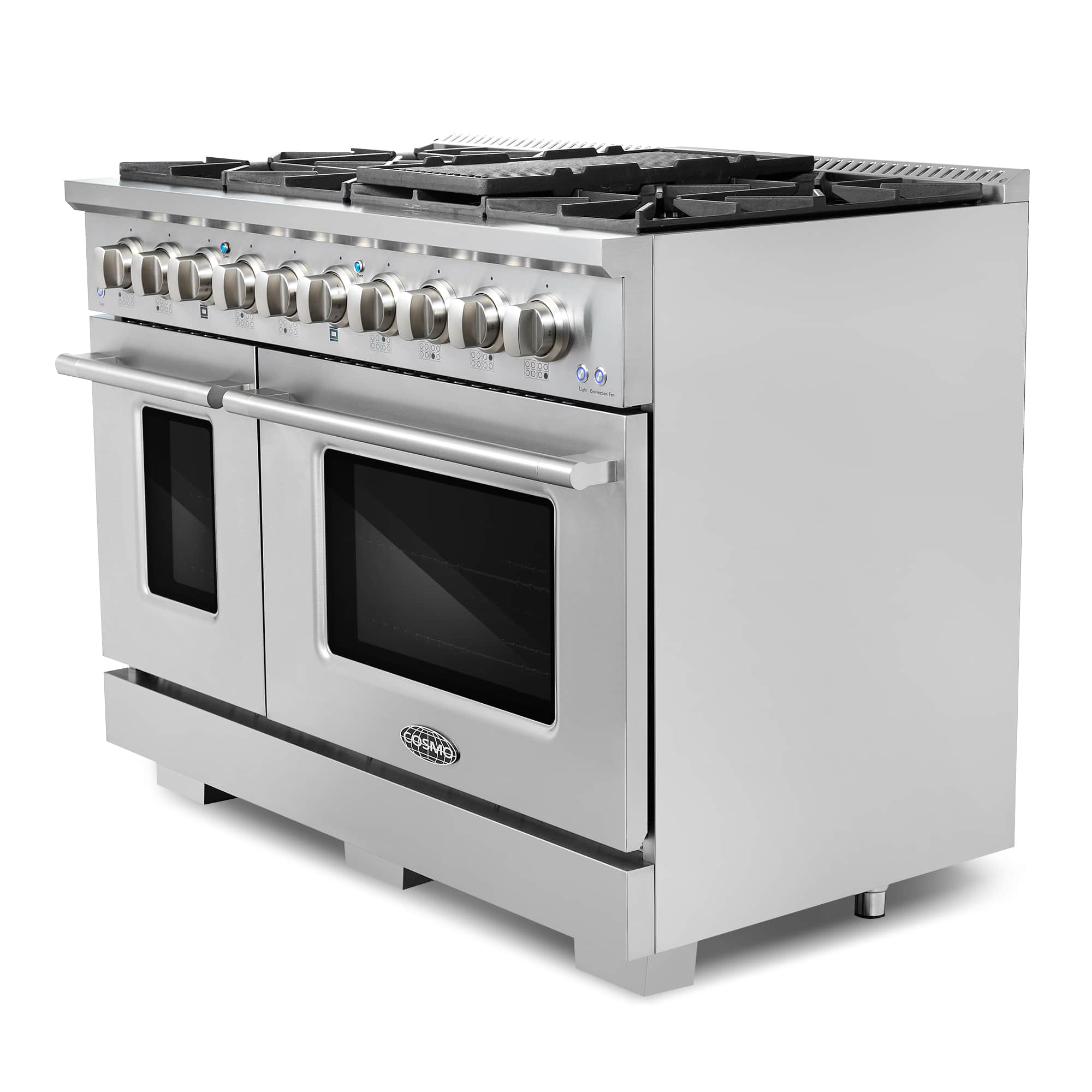 Stainless steel freestanding double oven gas range with front burner knobs and two oven doors, angled view.