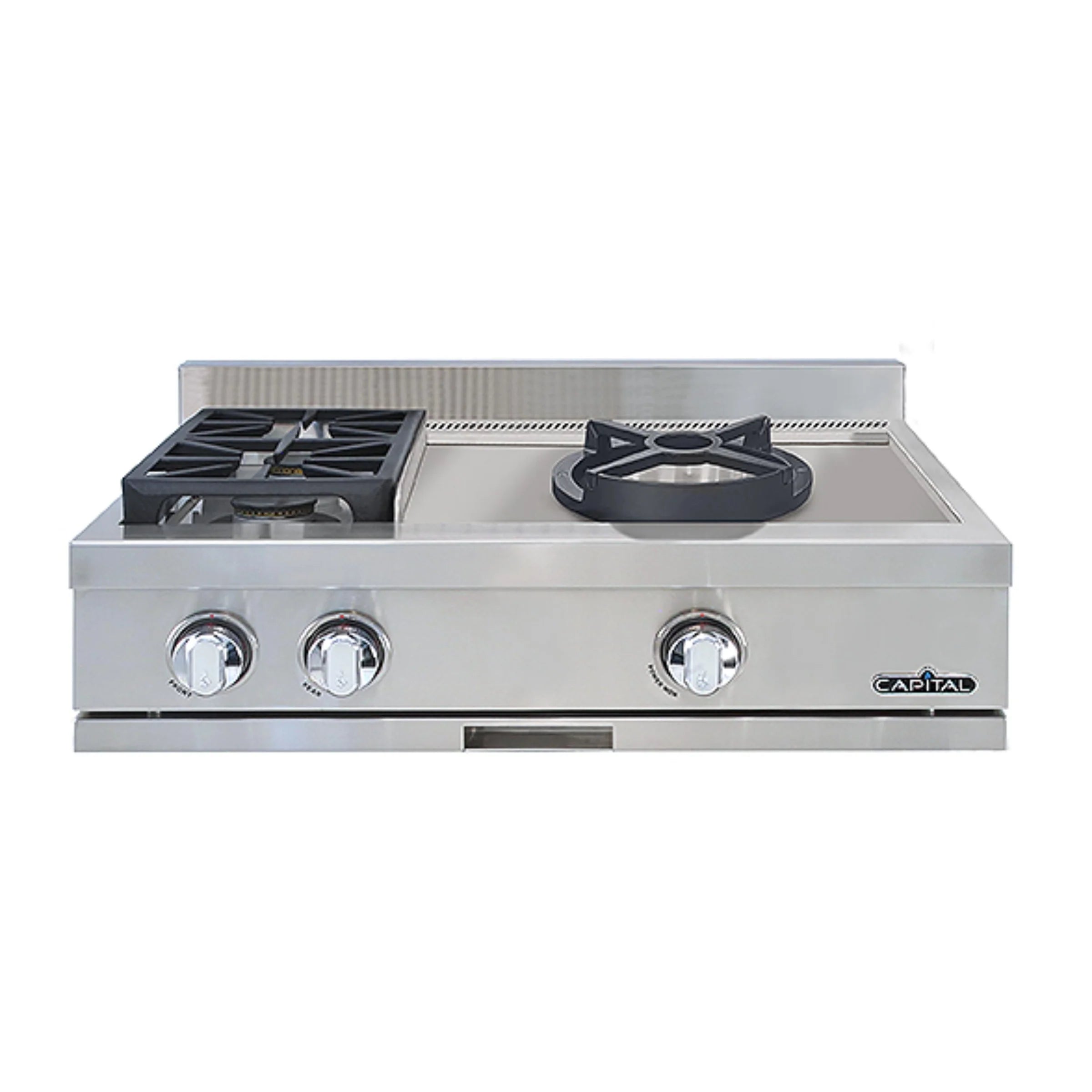 Stainless steel gas rangetop with two grates and three front control knobs