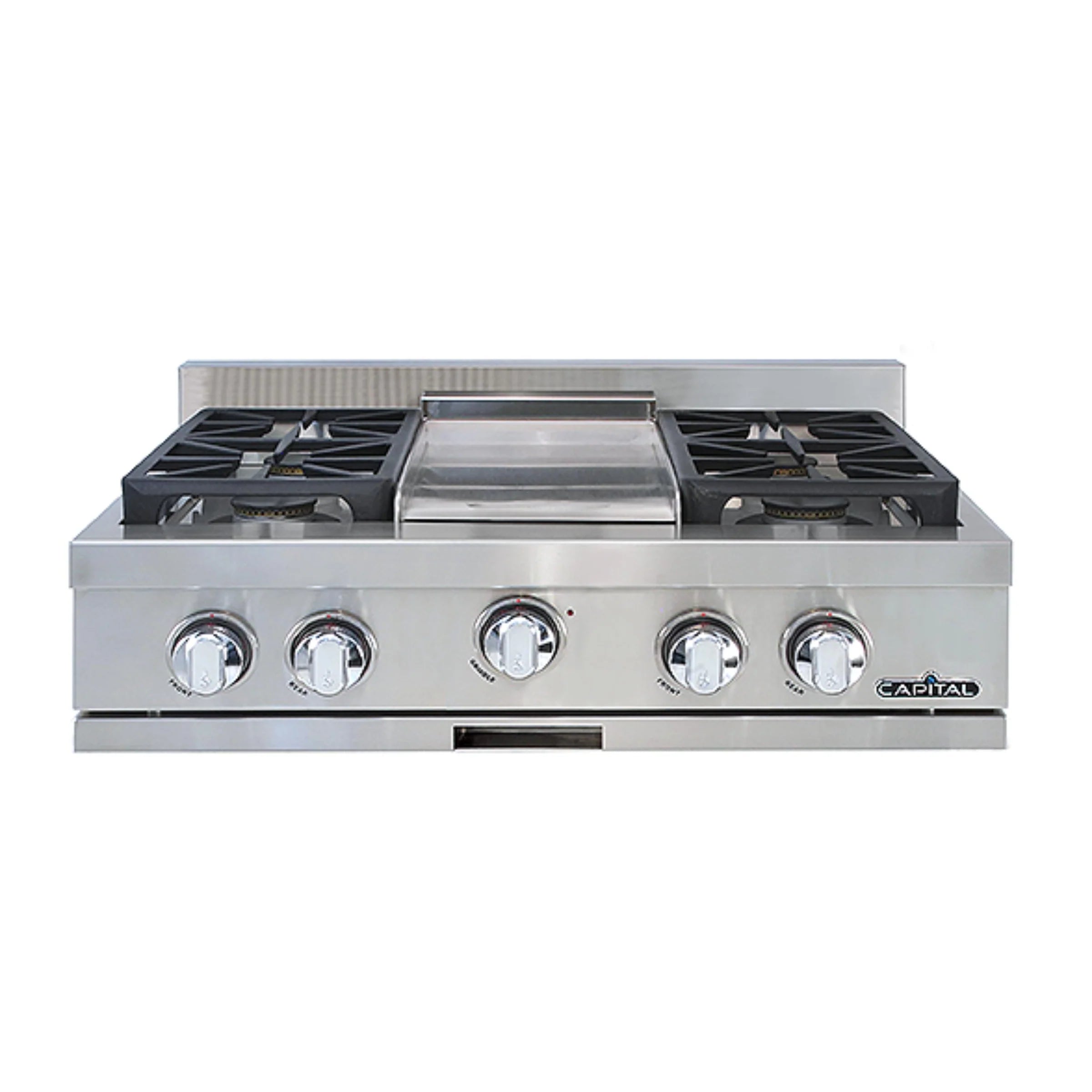 Stainless steel gas rangetop with four sealed burners, center griddle, and control knobs
