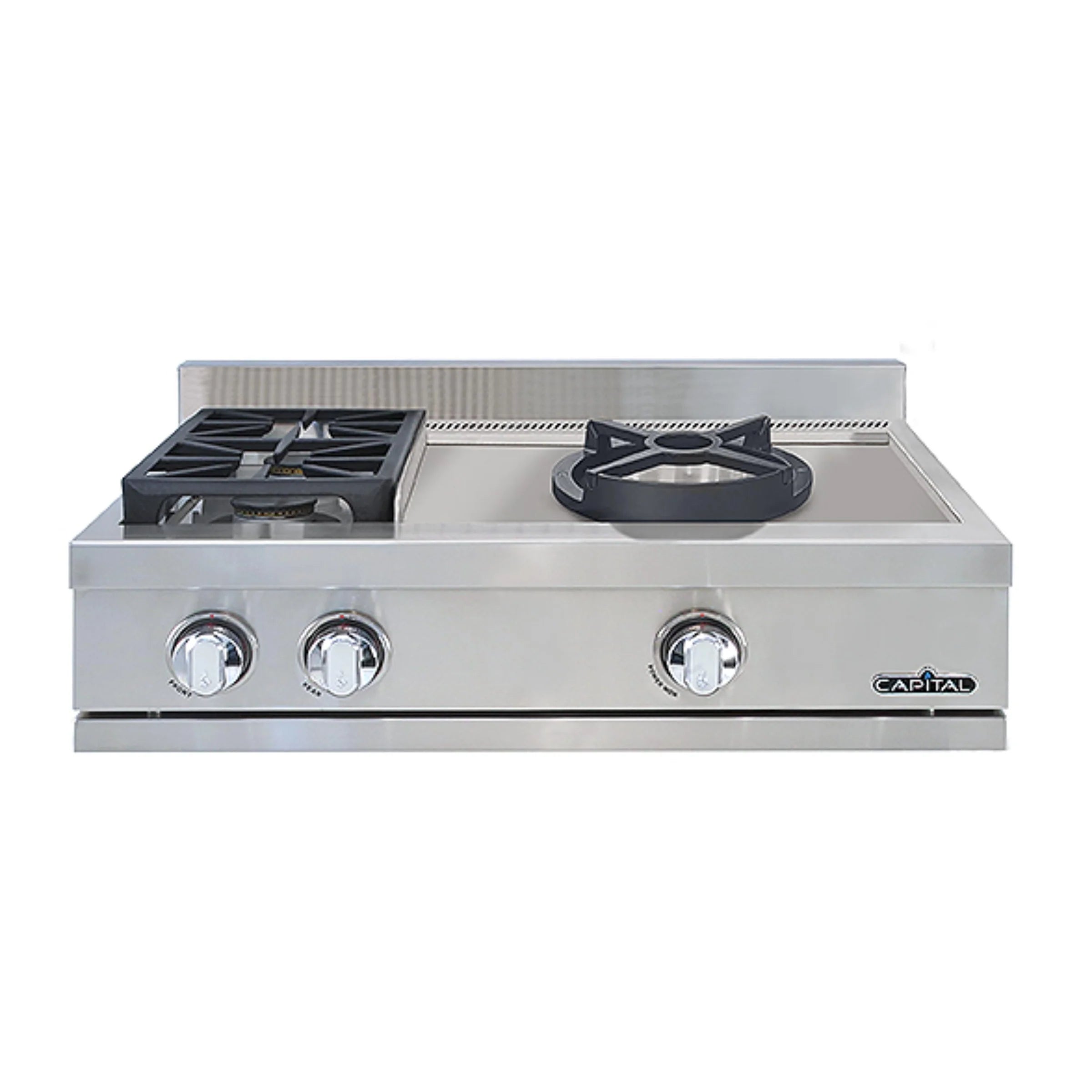 Stainless steel 30-inch gas rangetop with two burners, grates, and control knobs