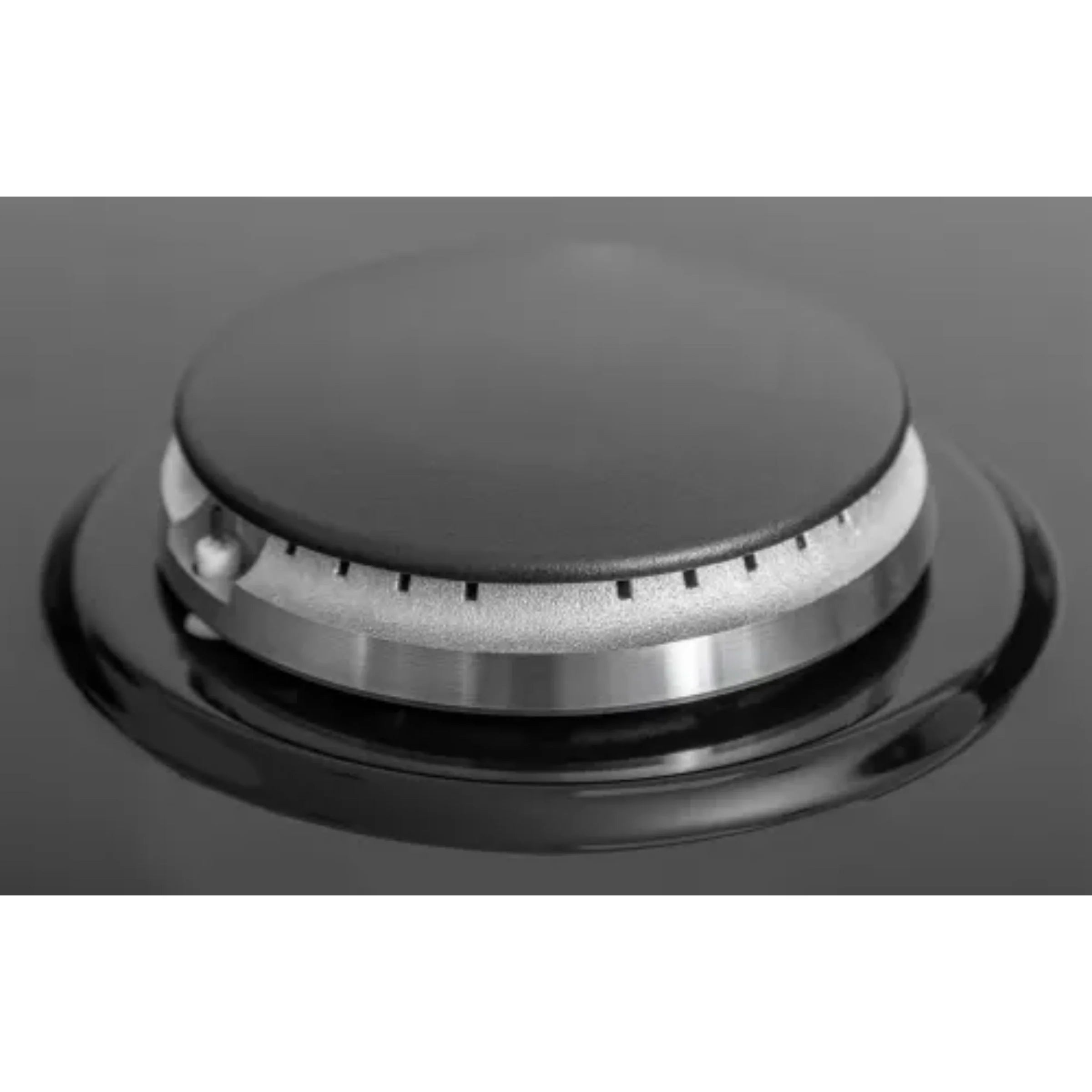 Black sealed burner with circular ring and grates on a stainless rangetop