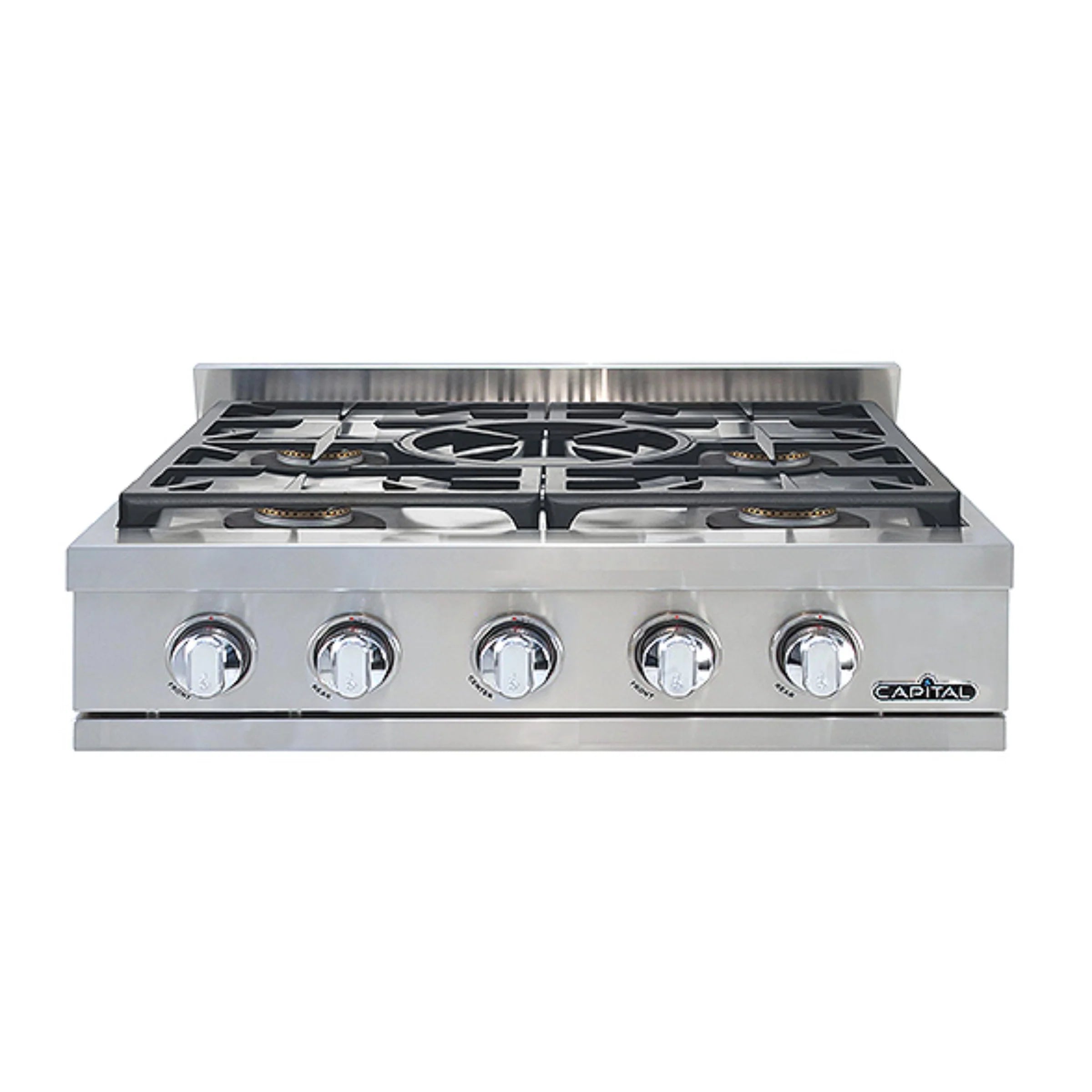 Stainless built-in gas rangetop with four burners and five front control knobs