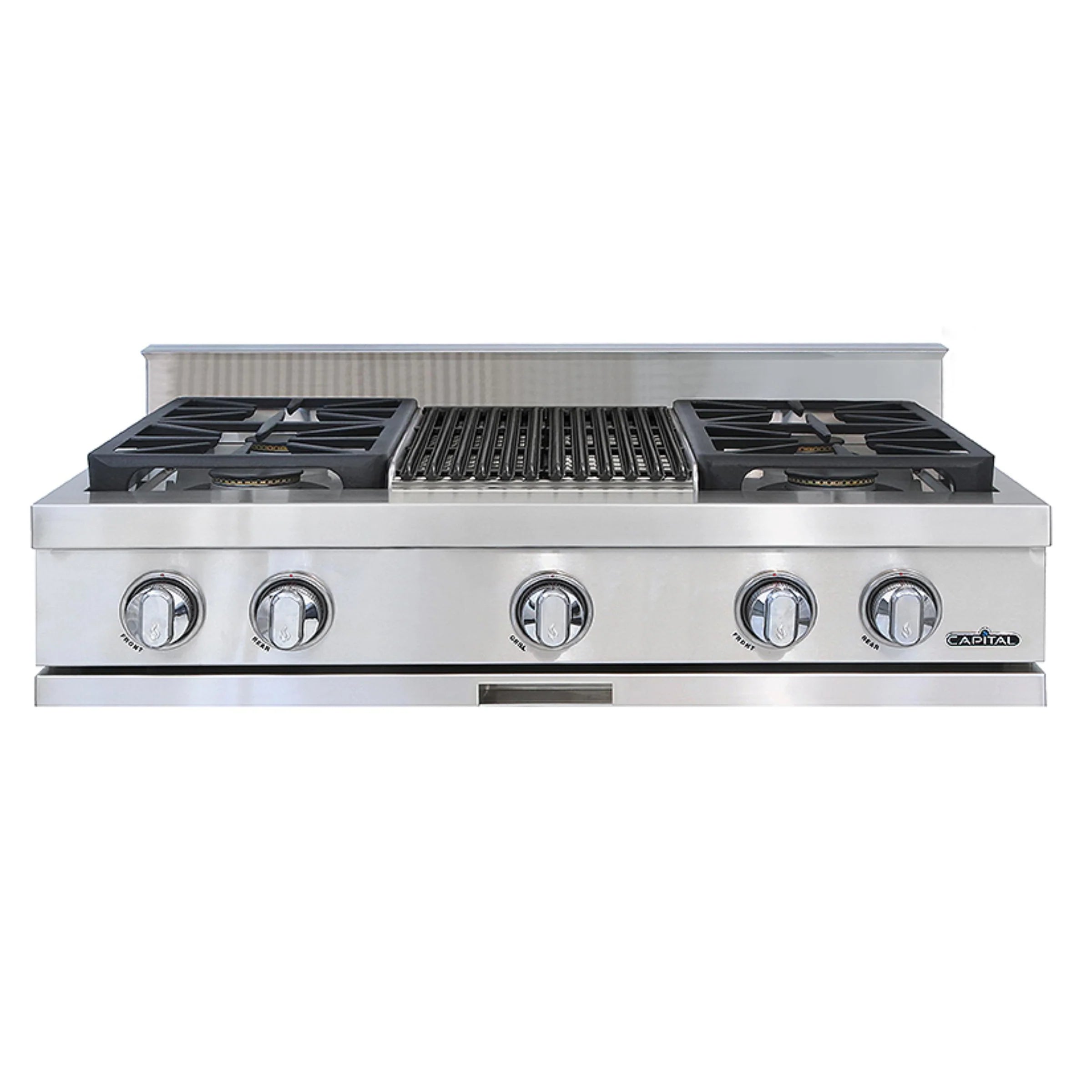 Stainless steel 36-inch rangetop with four sealed burners and control knobs