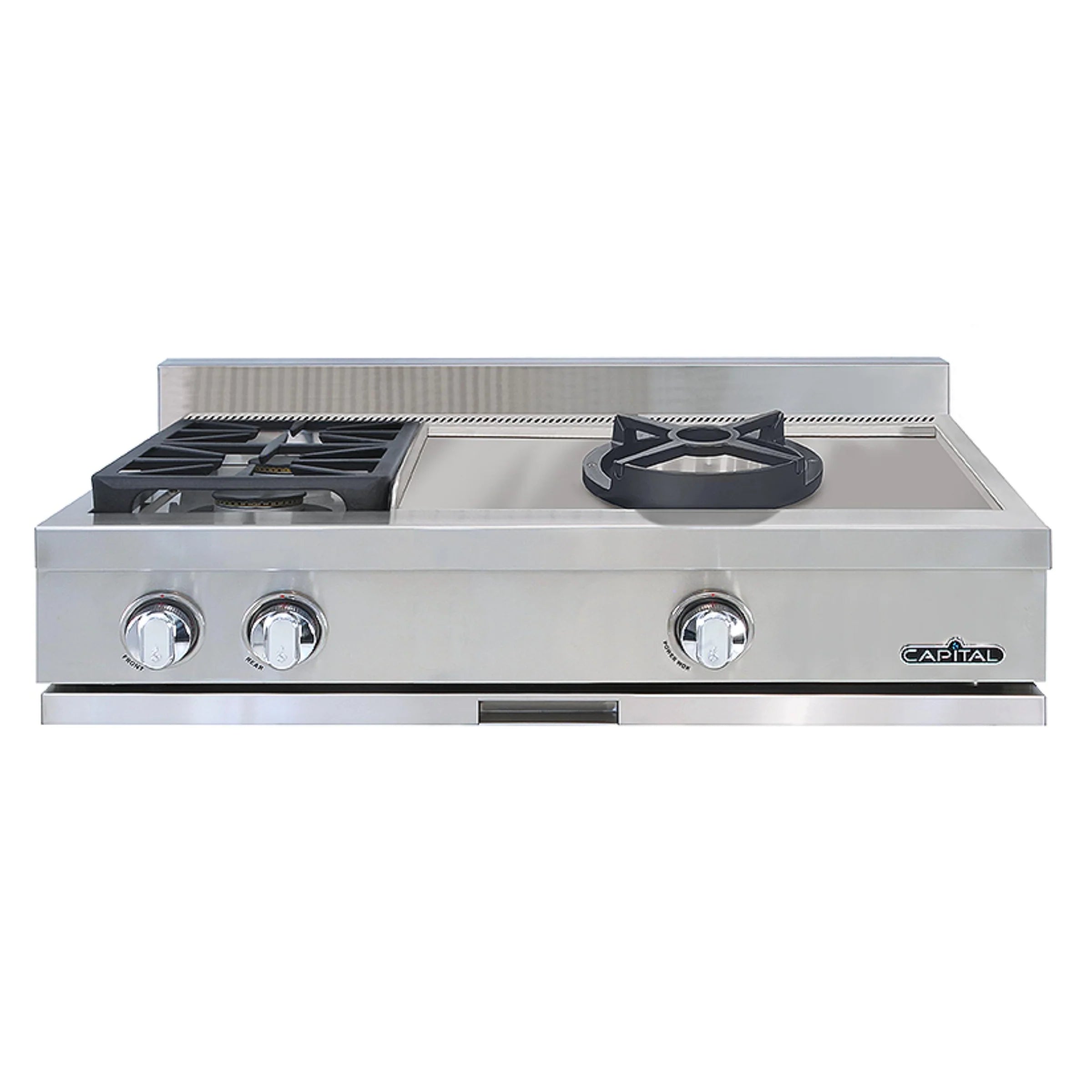 Capital stainless steel gas rangetop with two burners and control knobs