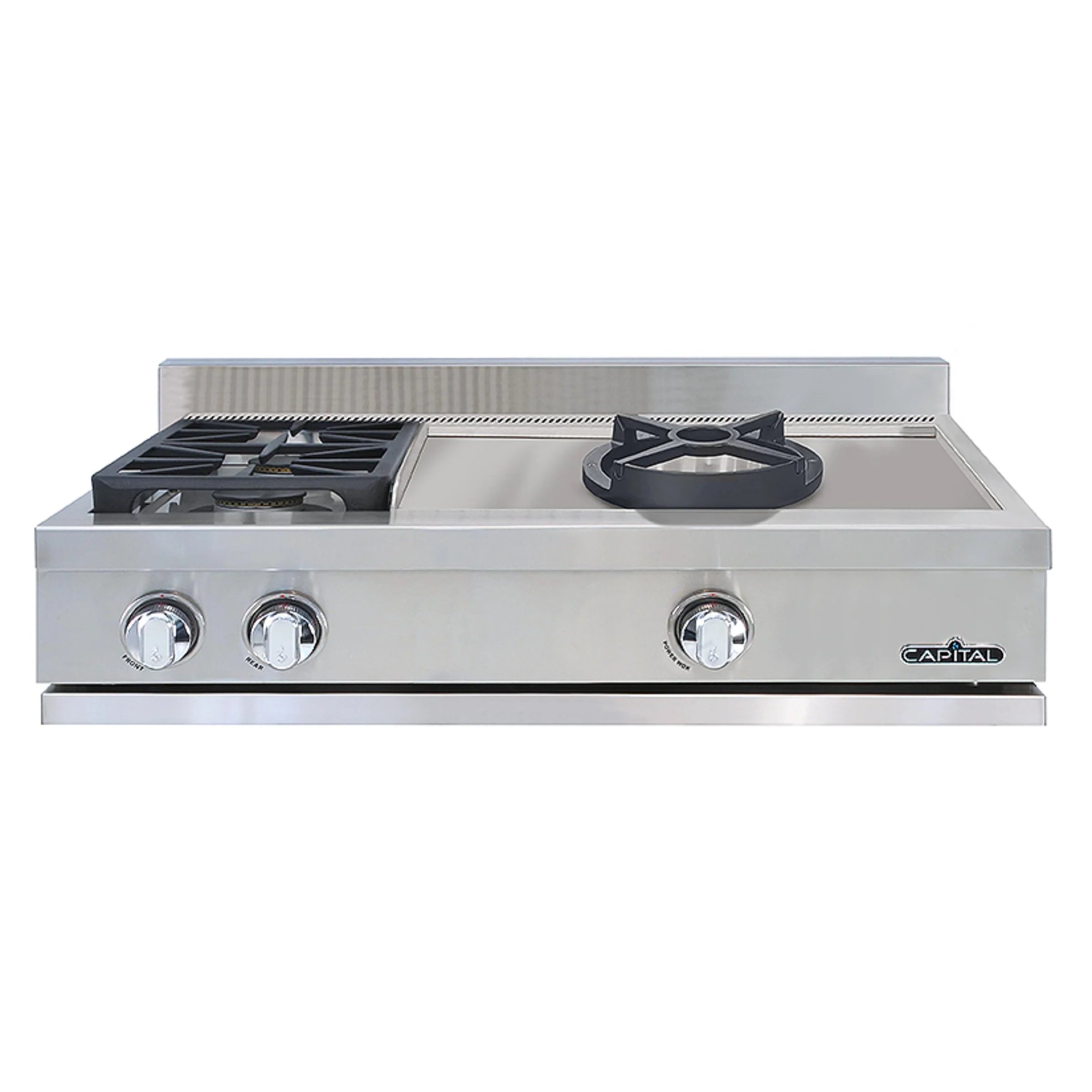 Capital 36-inch stainless steel rangetop with two sealed burners and control knobs