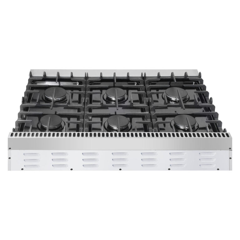 Top view of a six-burner gas cooktop with black burner grates and metal vent trim