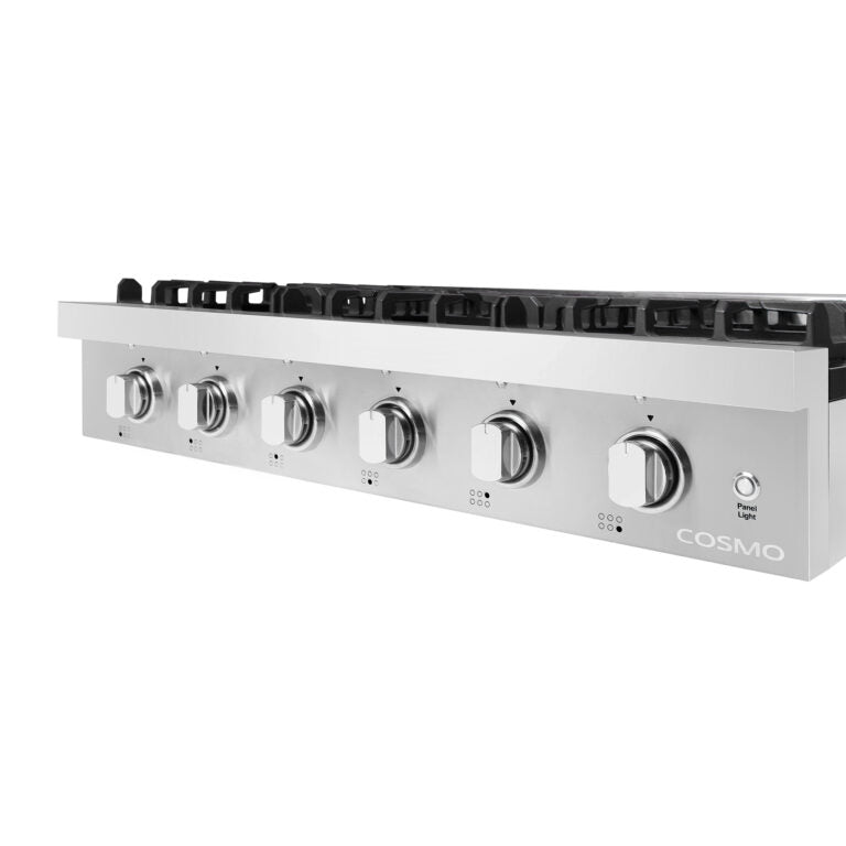 Front view of stainless steel 6-burner gas cooktop with six knob controls